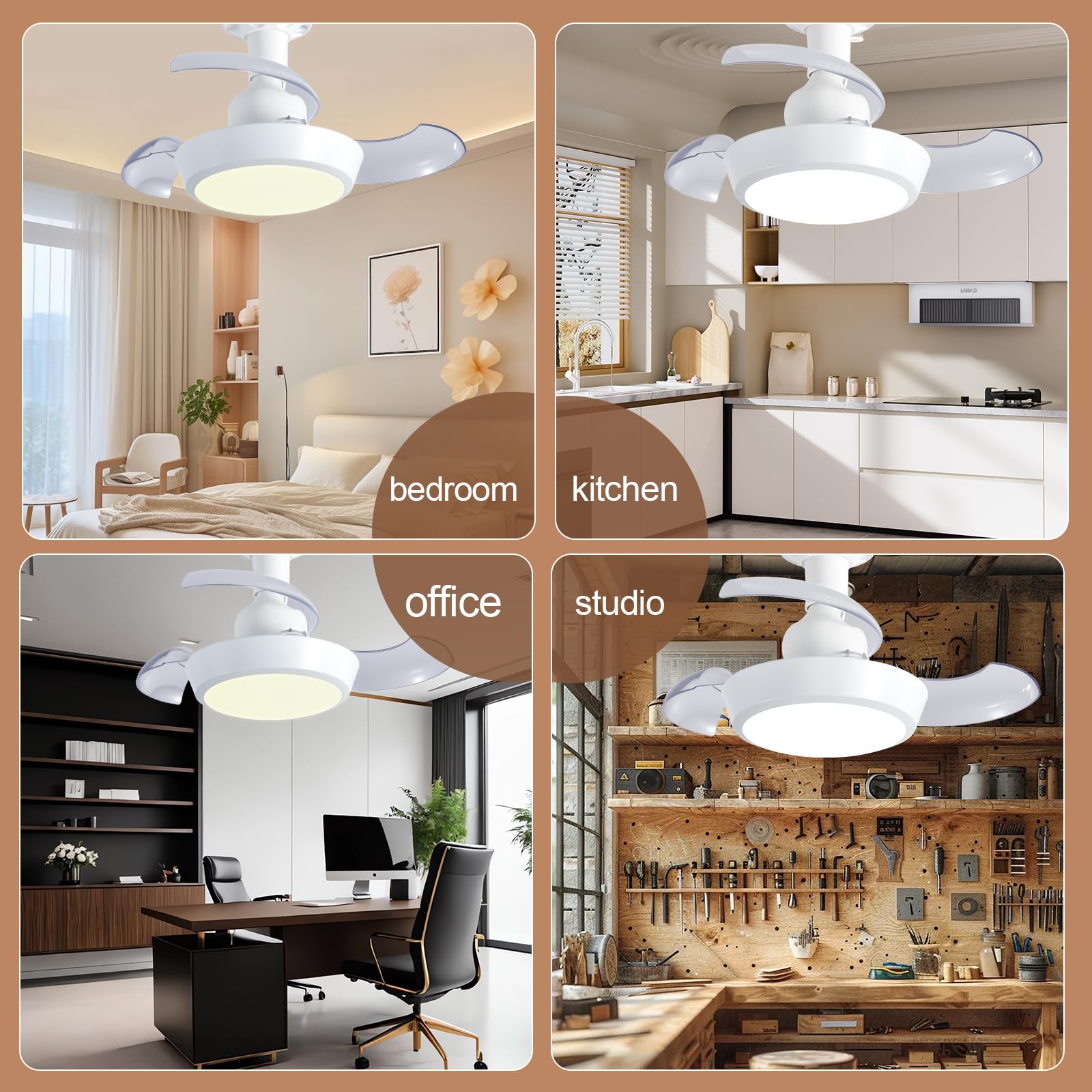IERAKOR Ventilador de Techo con Luz E27, 42CM Lámpara LED, Silencioso | Sin Instalación, LED 33W Regulable, 3 Velocidades, Aspas Ocultas Seguras, Ideal para Refrescar Dormitorios o Cocinas Pequeñas