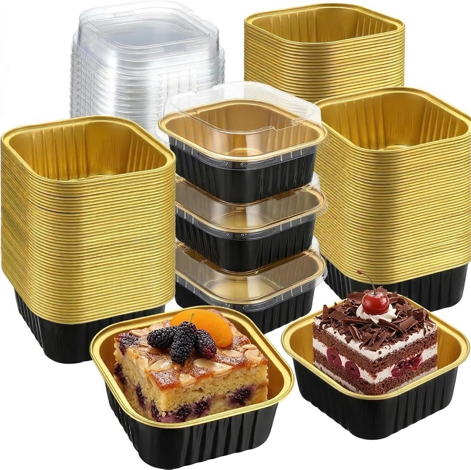200 Pack 3.4 oz Mini Cake Pans With Lids, Square Aluminum Foil Baking Cups
