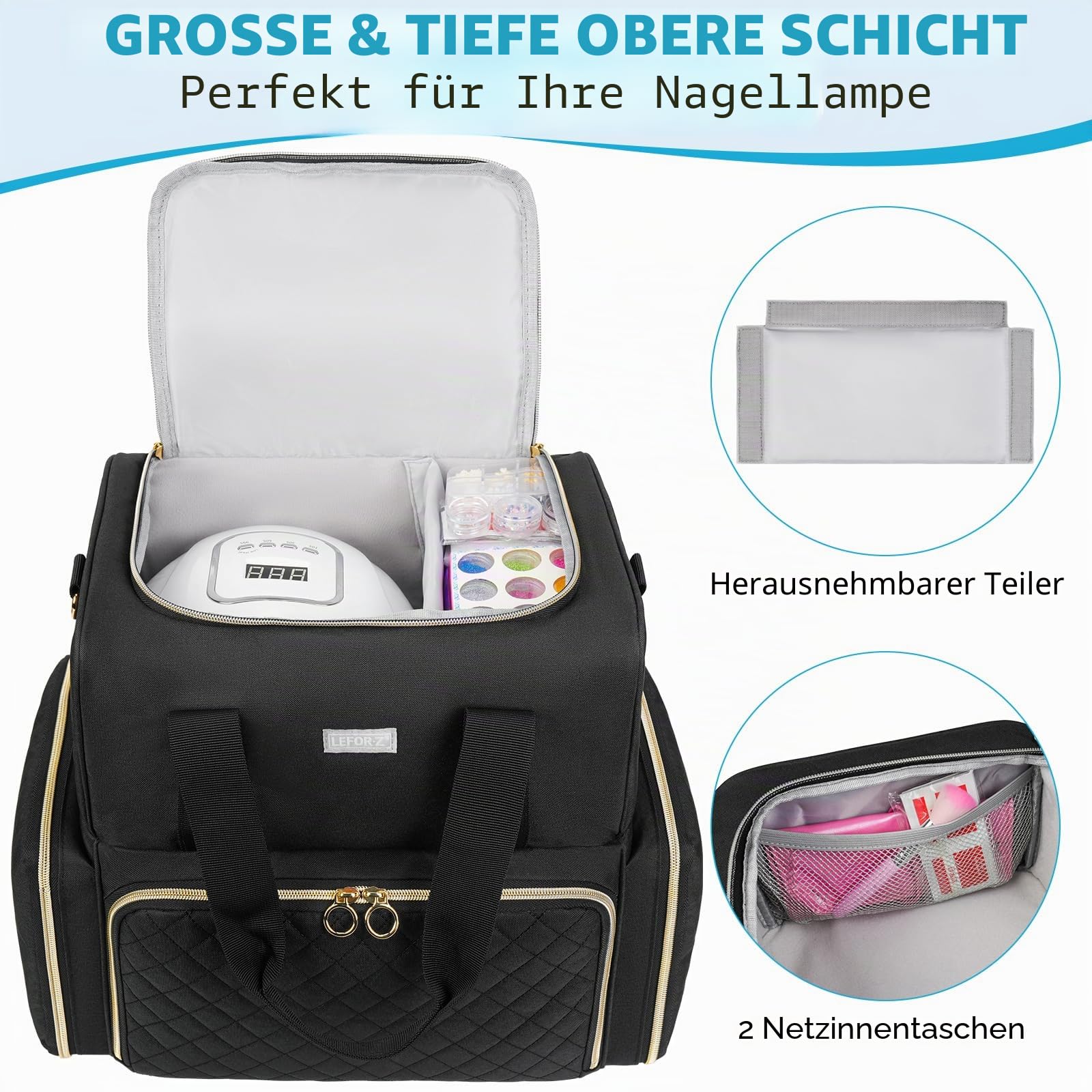 Nagellack Tasche Doppelschichtige Aufbewahrung Organizer für 80 Flaschen 15 ml Nagellampe Schwarz