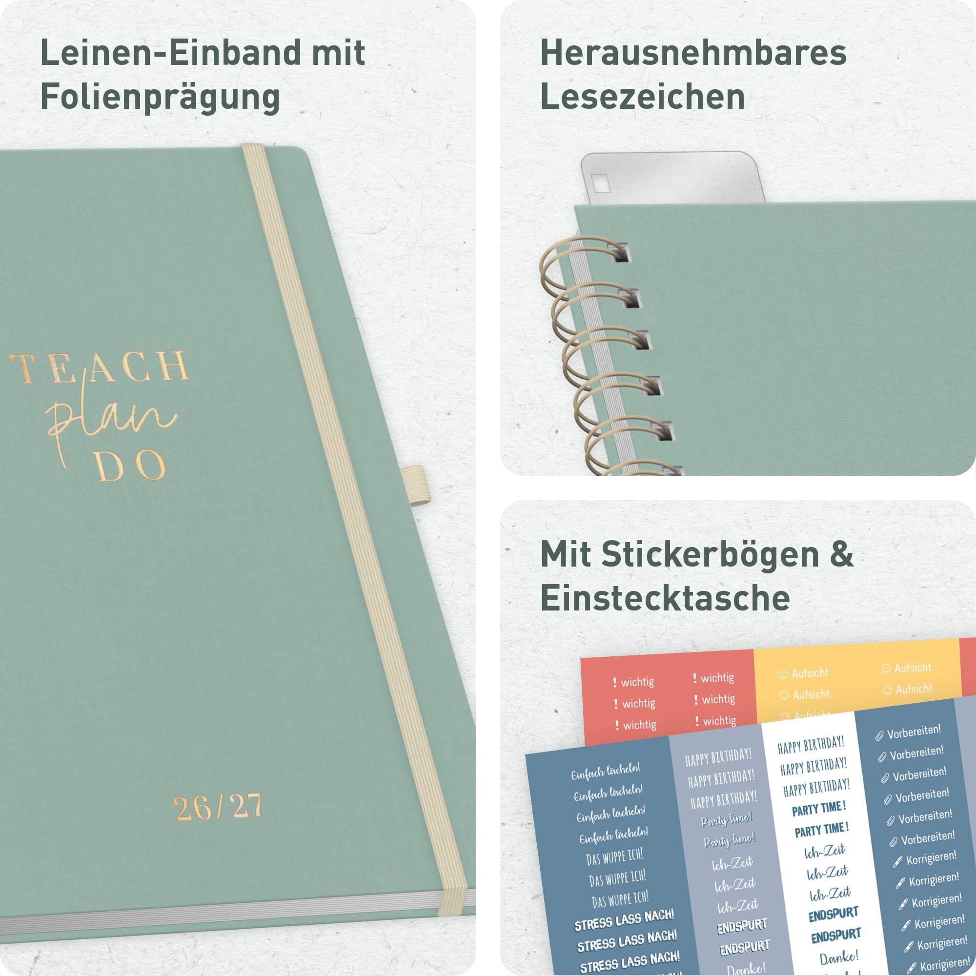 Häfft® Lehrerplaner 2026/2027 A4+ Deluxe – Großer Lehrerkalender & Schulplaner 26/27 mit Leinen-Einband & Spiralbindung "Green Canvas" – Für Grundschule, weiterführende Schulen & Referendariat