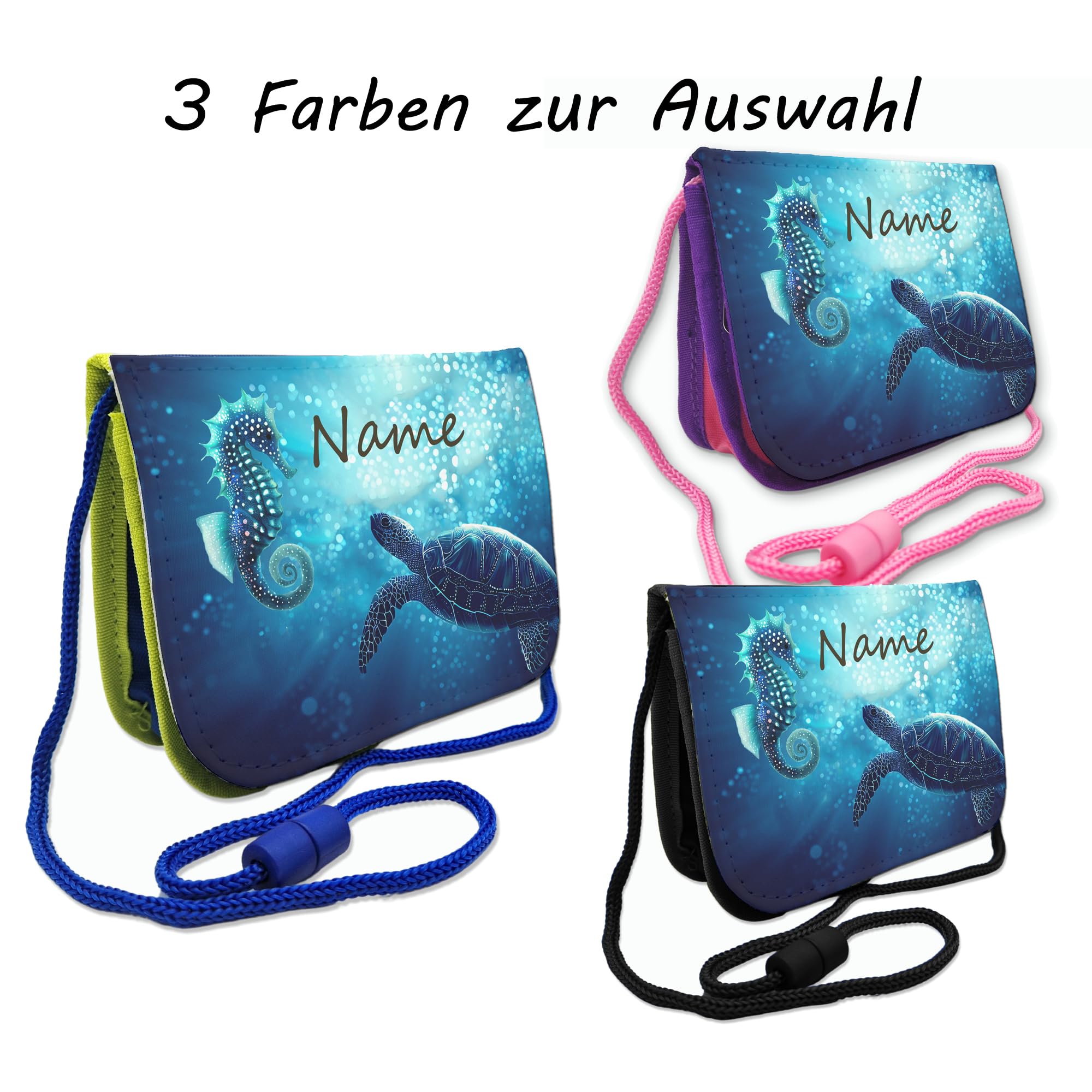 Kinder Brustbeutel Schildkröte mit Name und Schriftartwahl | Klettverschluss, Schnur zum Umhängen, Klarsichtfach, Personalisiert