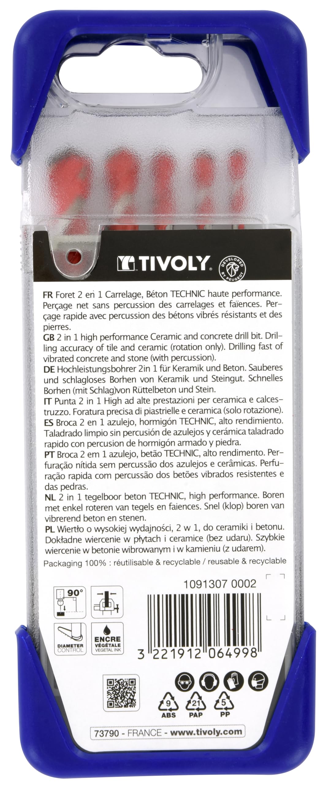 TIVOLY 10913070002 - CLIPSTER 2in1 TECHNIC Brocas 2 in 1 HORMIGON AZULEJO Ø 4-5-6-8-10 mm