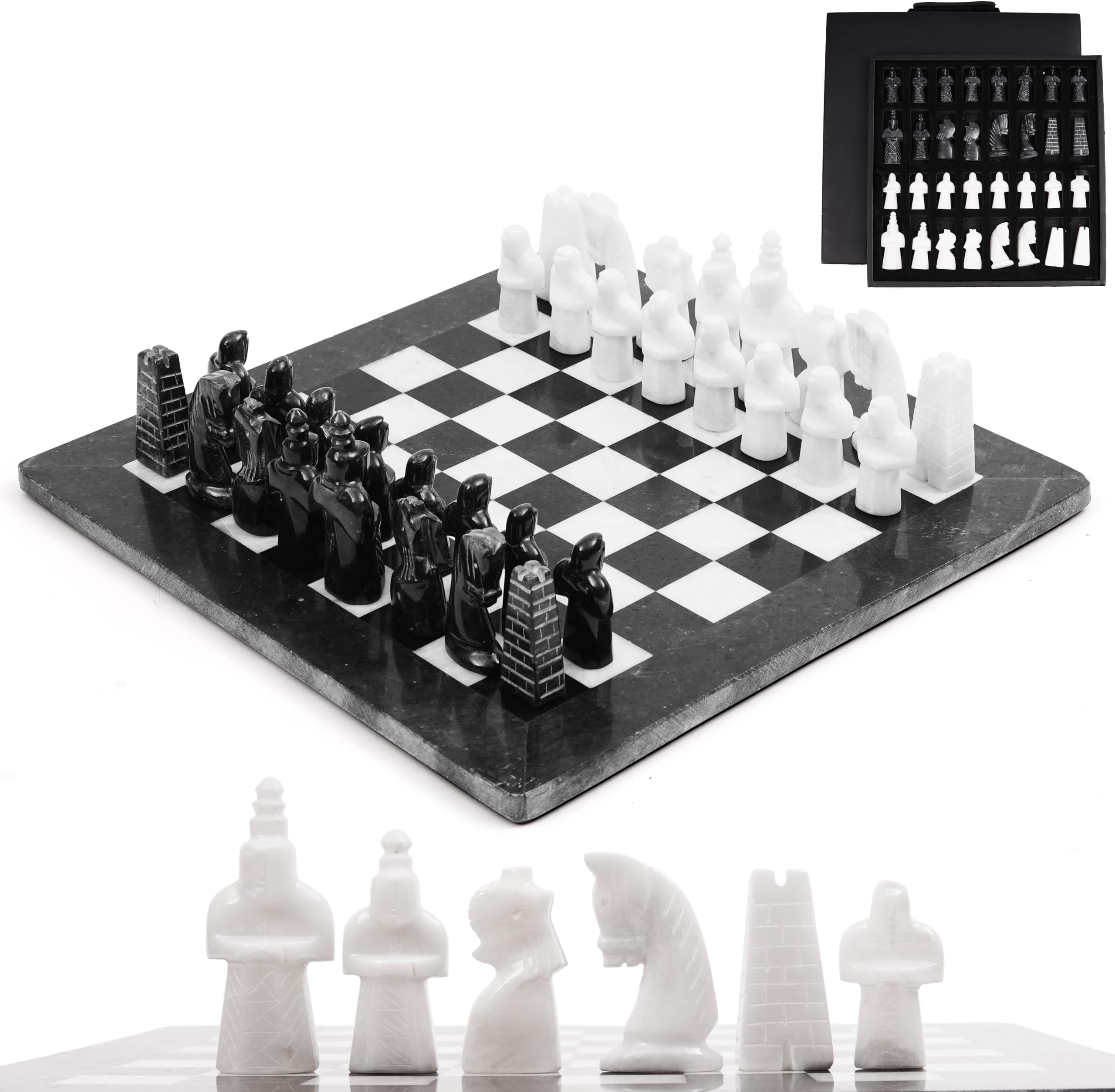 Radicaln Marble Antique Chess Set with Storage Box 15 Inches Black and White Handmade Board Game 2 Player Classic Chess Sets for Adults Board & 32 Chess Pieces