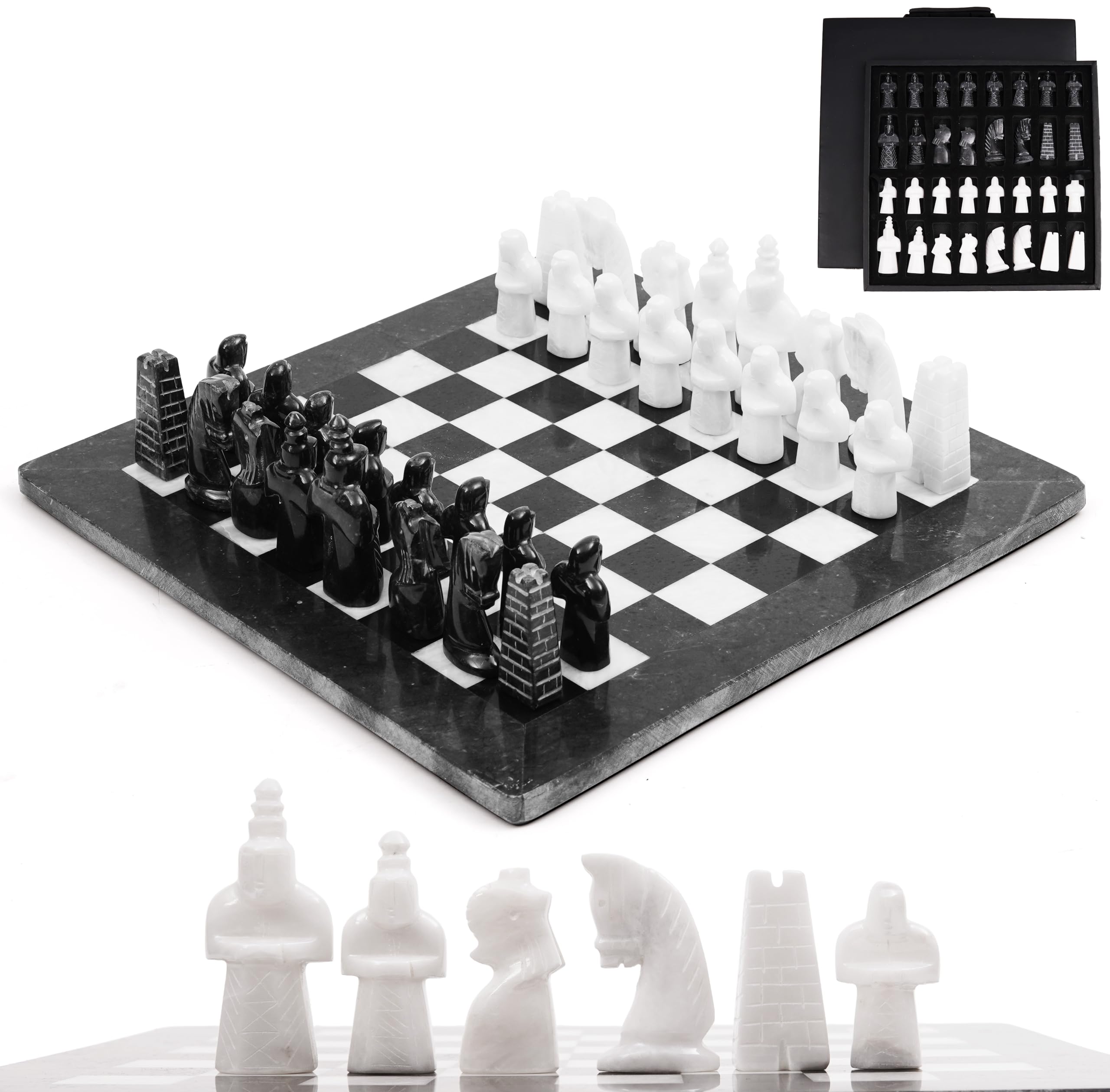 – Radicaln Marble Chess Set with Storage Box 15" Black and White Antique – Handmade Chess Board Game with 32 Pieces for Adults