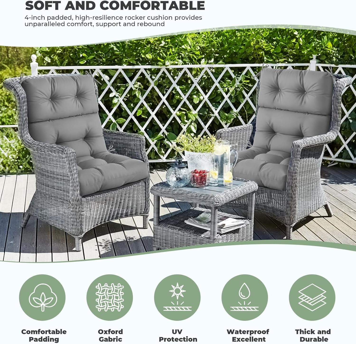 danghoogy outdoor/indoor high back chair cushion, waterproof outdoor rocking chair cushion with ties, tufted replacement seat cushions for outdoor furniture, grey grey standard