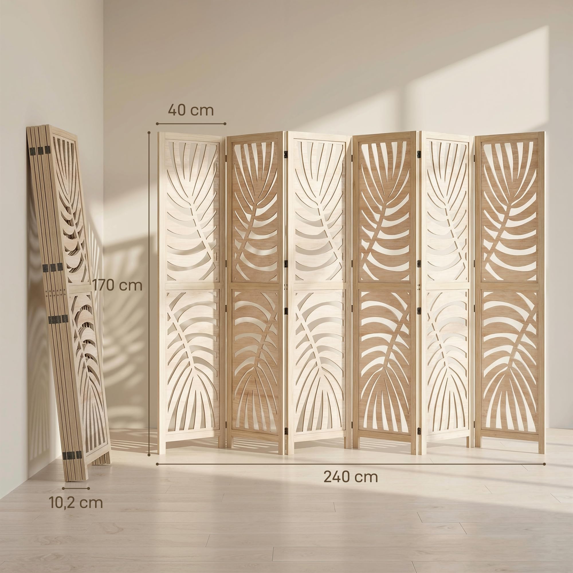 HOMCOM Separador 6 Paneles Plegable Desmontable Acabado Madera Natural | Pantallas de privacidad, tabique autoportante, diseño de hoja de palma, para oficina en casa, dormitorio