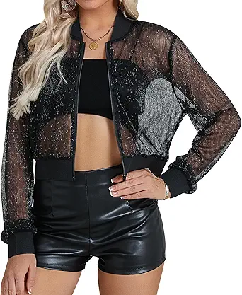 Nlife Women Sheer Mesh Sparkly Crop Bomber Jacket See Thru Glitter Rave Festival Clubwear Night Out Party Concert Outfit