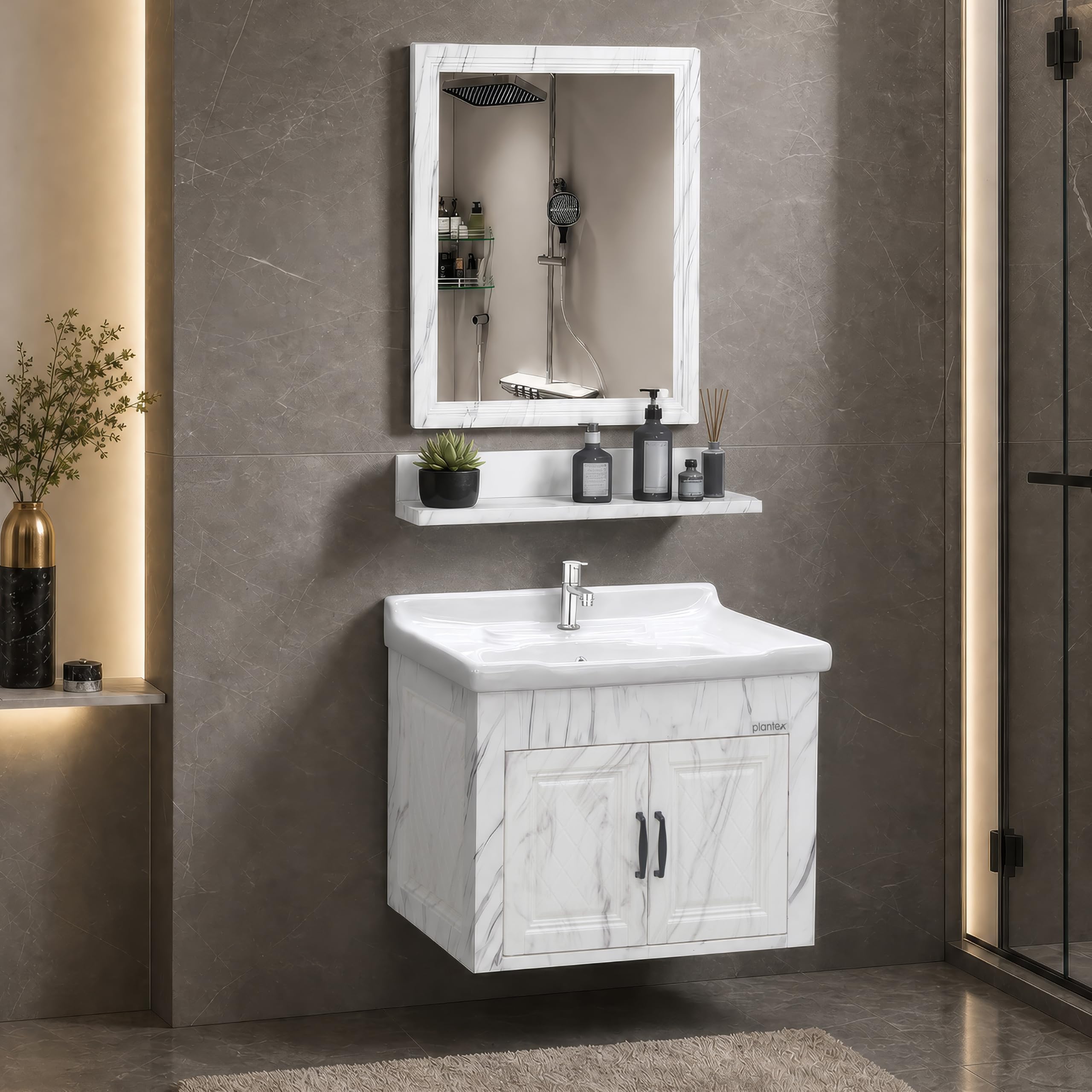 Plantex Glass, Ceramic, HPP Unbrekable Bathroom Vanity Cabinet & Washbasin Set/Basin Cabinet for Bathroom with Mirror (White)