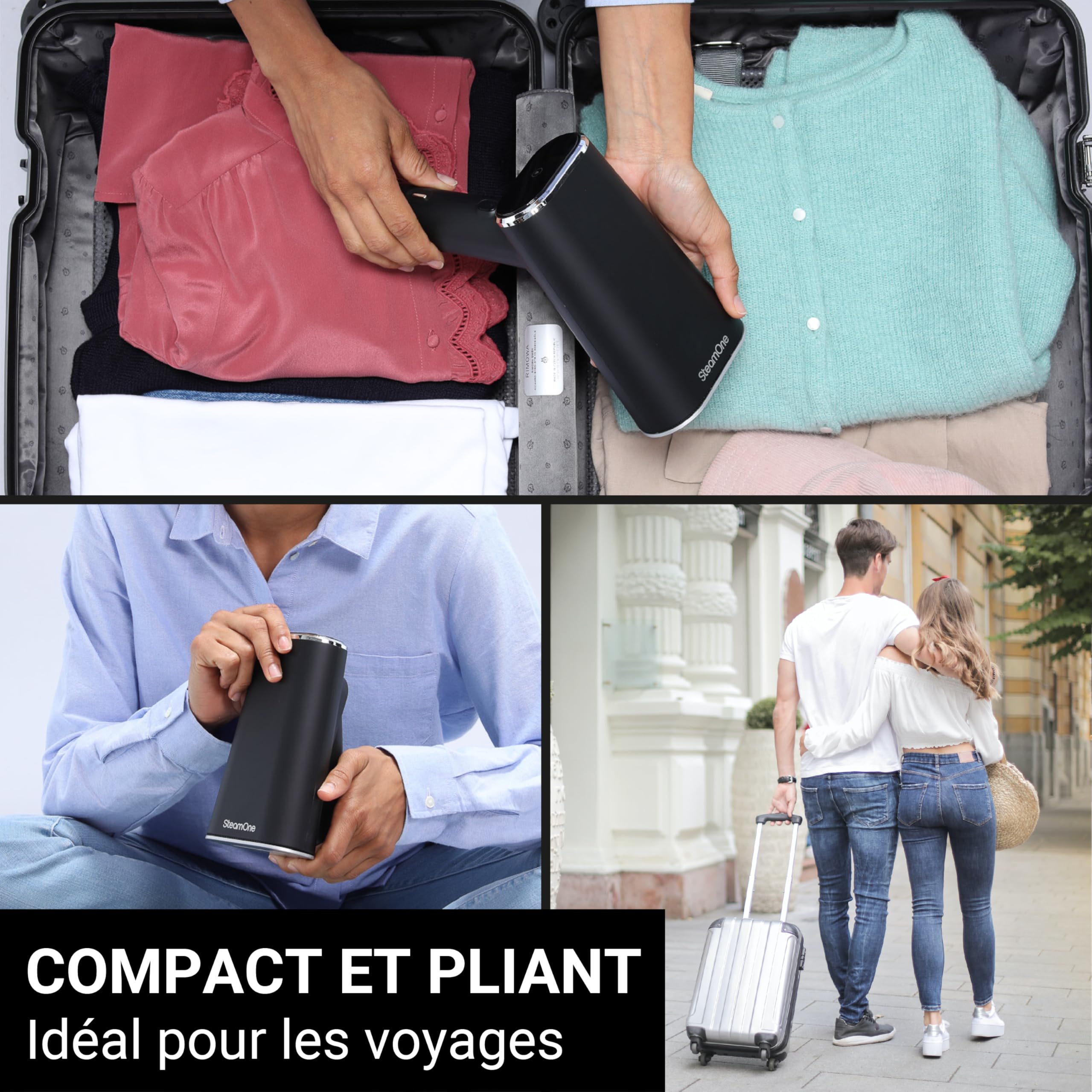STEAMONE - Steamer Défroisseur à vapeur 2000W 35g/min - Fer portatif - Capacité 80 & 150 ml- Elimines 99,99% d'impuretés - Prêt en 15s - Cable 3m - Format compact - EUFD80BV2