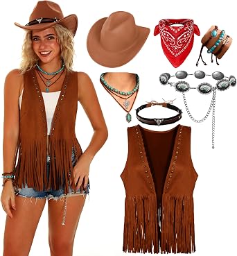Womens Western Cowgirl Costume Cowboy Outfits Tassels Fringe Vest Hat 7pcs Set