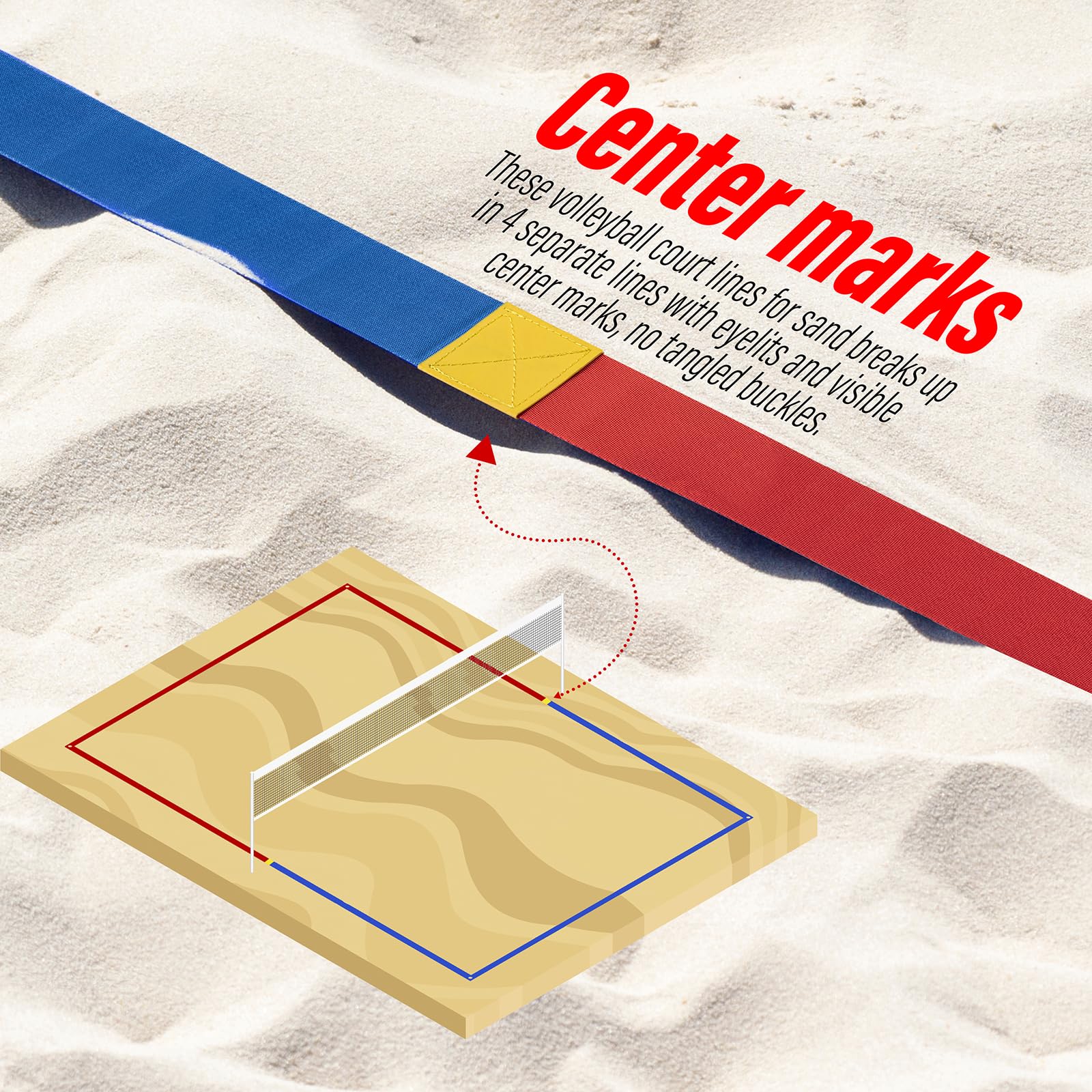 YUXUXU Professional Beach Volleyball Lines for Sand-2 Inch, Highly Visible, All-Weather, with Stainless Anchors & Sand Bags - Official Court 30' X 60'|Short Court 26.3' X 52.6'
