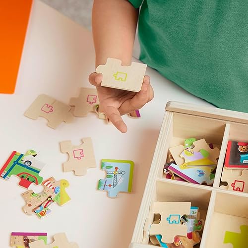 Miniatura 7 de B. toys Pack o' Puzzles 3 Pack Juego de rompecabezas de madera con mascotas, dinosaurios y camiones 12 piezas para niños pequeños Incluye 4