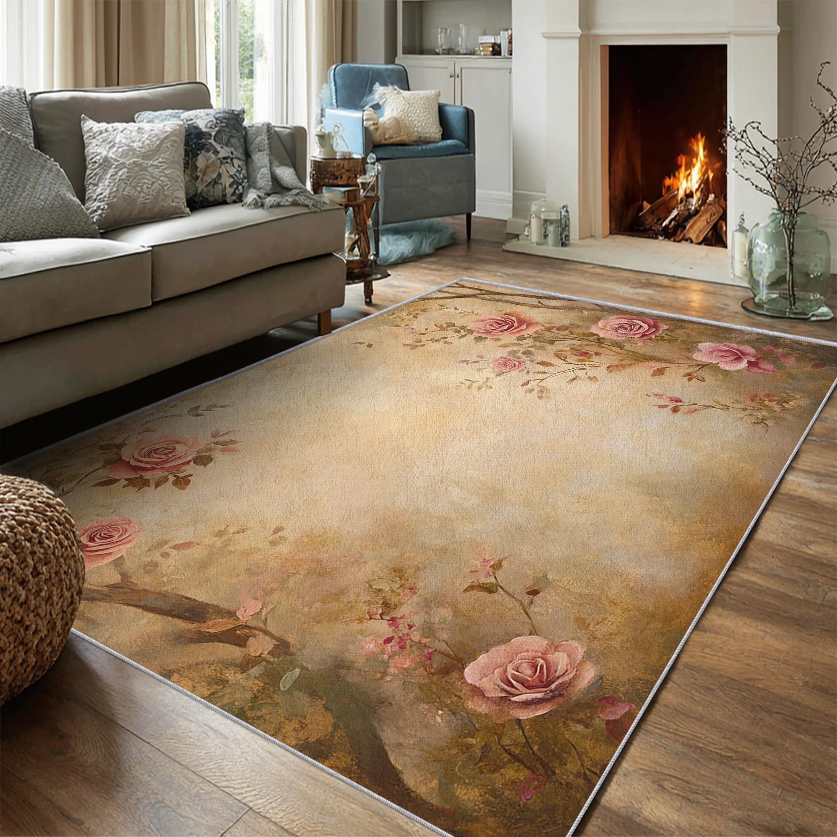 Generisch Teppich Klein Rosa Rosen Blumen 60x90 Deko Schlafzimmer, Vintage Floral Muster Teppich für Küche & Eingangsbereich, Weicher, Waschbar & rutschfest Innen Fußmatte AV213