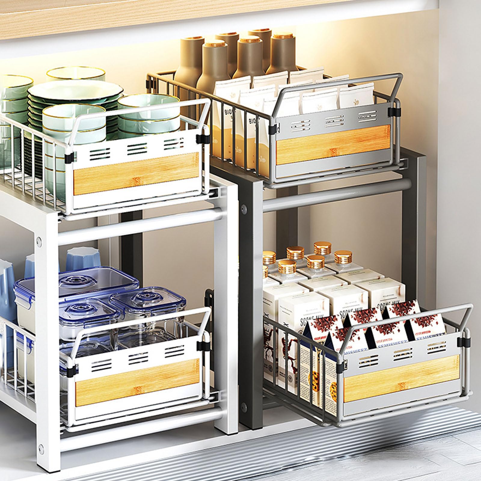 Organizador Bajo Fregadero,Organizador Bajo Fregadero Deslizable,Encimera Organizador Multiuso,Estante de Armario de Cocina o Baño de 2 Niveles,para Especias,Condimentos,Jabones,Frascos