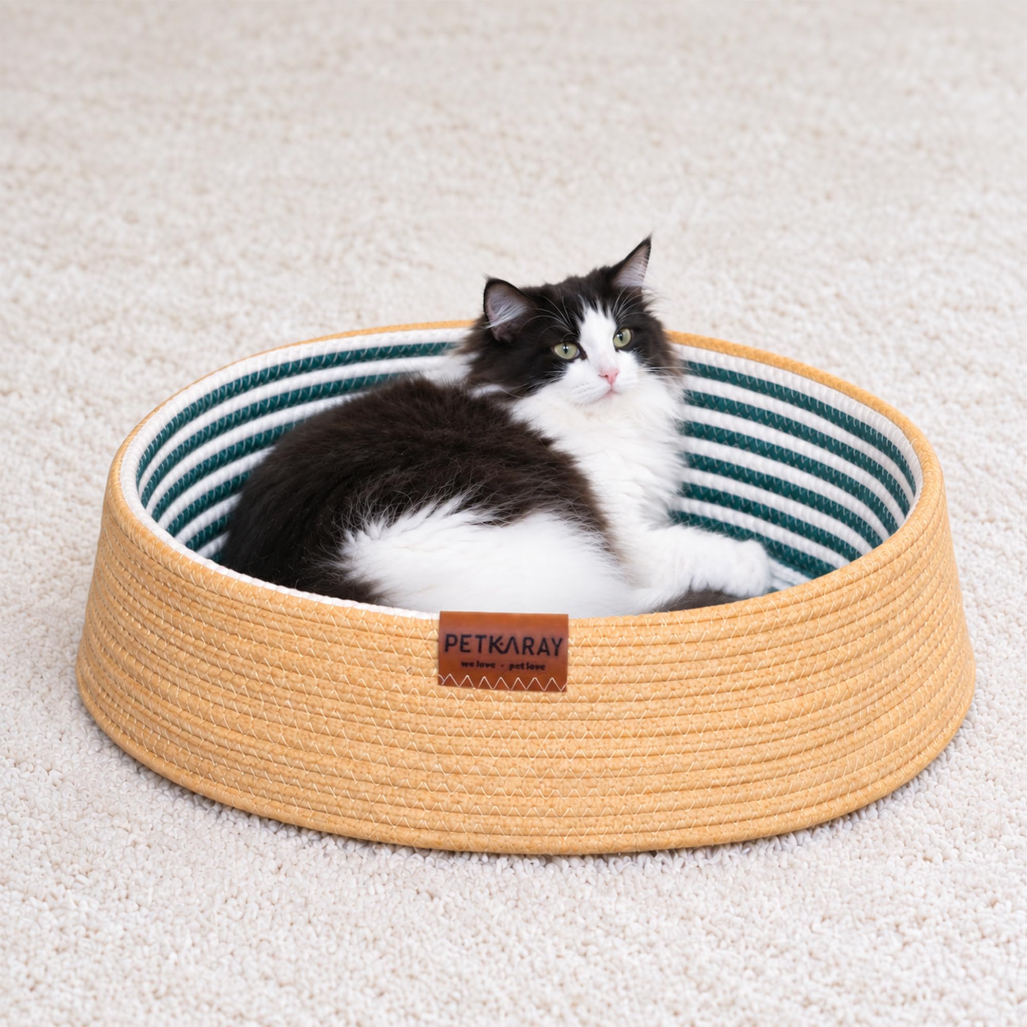 PETKARAY Handwoven Cat Basket Bed with Washable Cushion for Multiple Cats