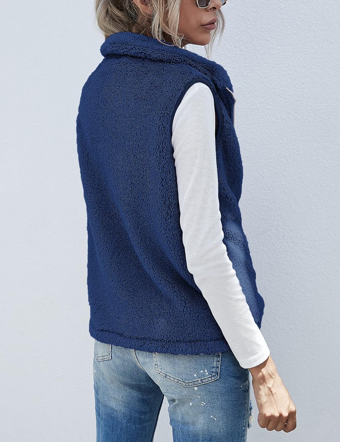LOMON Womens Fuzzy Sherpa Fleece Jacket Lightweight Vest Cozy Sleeveless Cardigan Zipper Waistcoat Outerwear with Pocket - Image 5