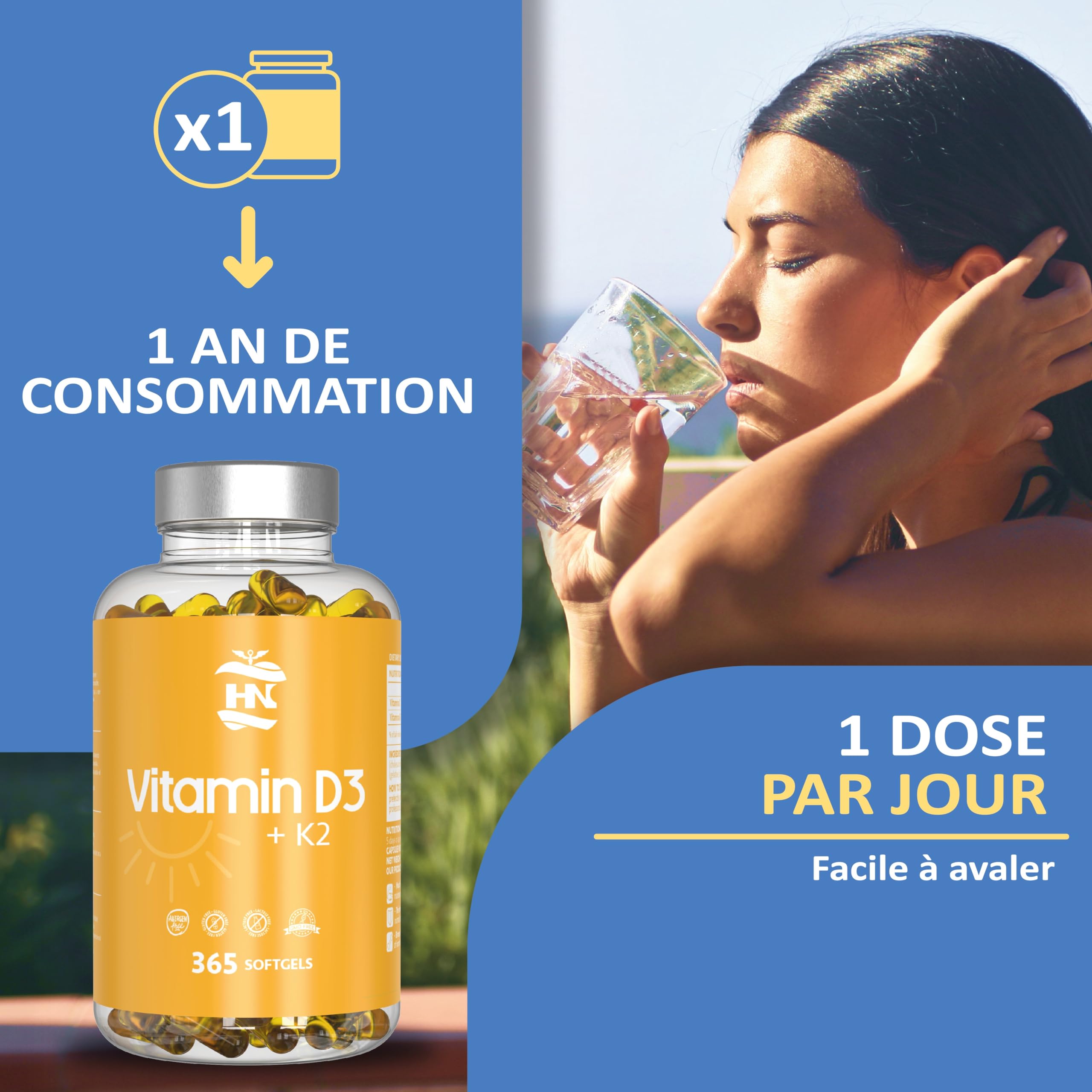 Vitamine D 5000 UI Vitamine D3 K2. 365 Capsules Vitamin D3 hautement concentrée Soutient les fonctions immunitaires et osseuses grâce à la Vitamin D3 K2 hautement dosée