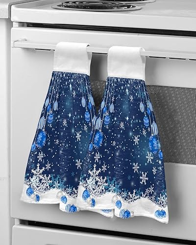 Miniatura 2 de Christmas Hanging Kitchen Towels Xmas Ball Snowflake Snow Hand Bath Towels with Hanging Loop Blue Soft Absorbent Drying Dish Tie Towels for Kitchen