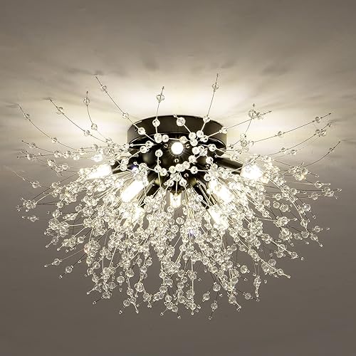 TANLUX Lámpara de techo de cristal empotrada, moderna lámpara de araña negra Sputnik de fuegos artificiales, 8 luces cerca del techo para
