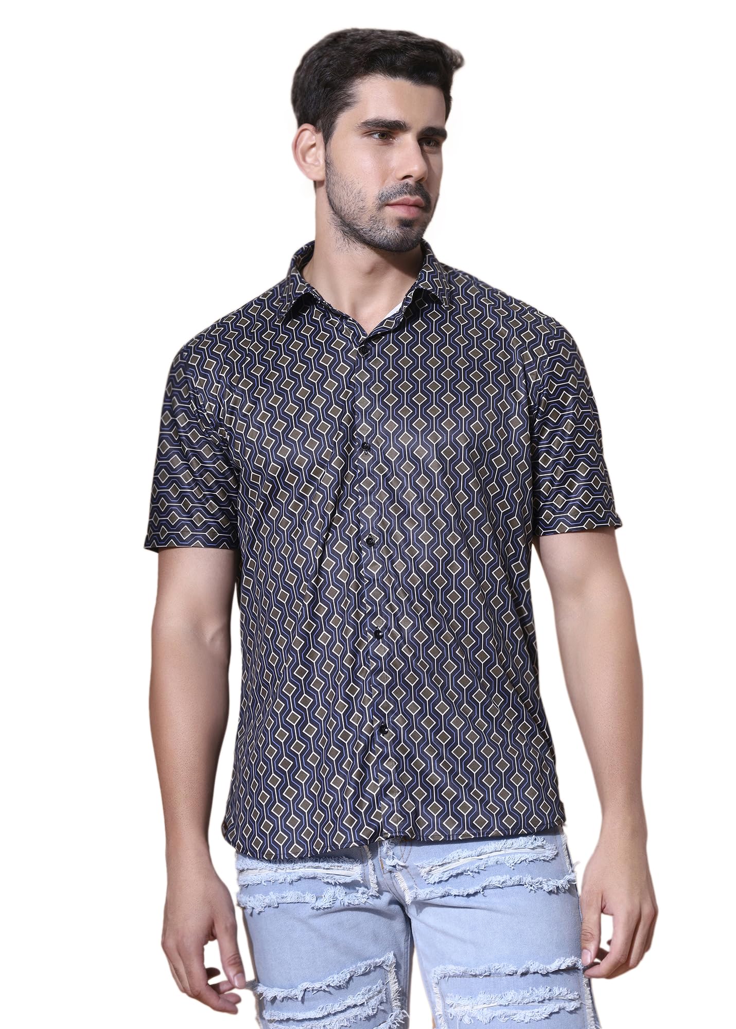 KLIZENMen's Shirts Button Down Luxury Satin Printed Patterned Half Sleeve, Party Casual Fancy Formal Mens Dress Shite Shirts