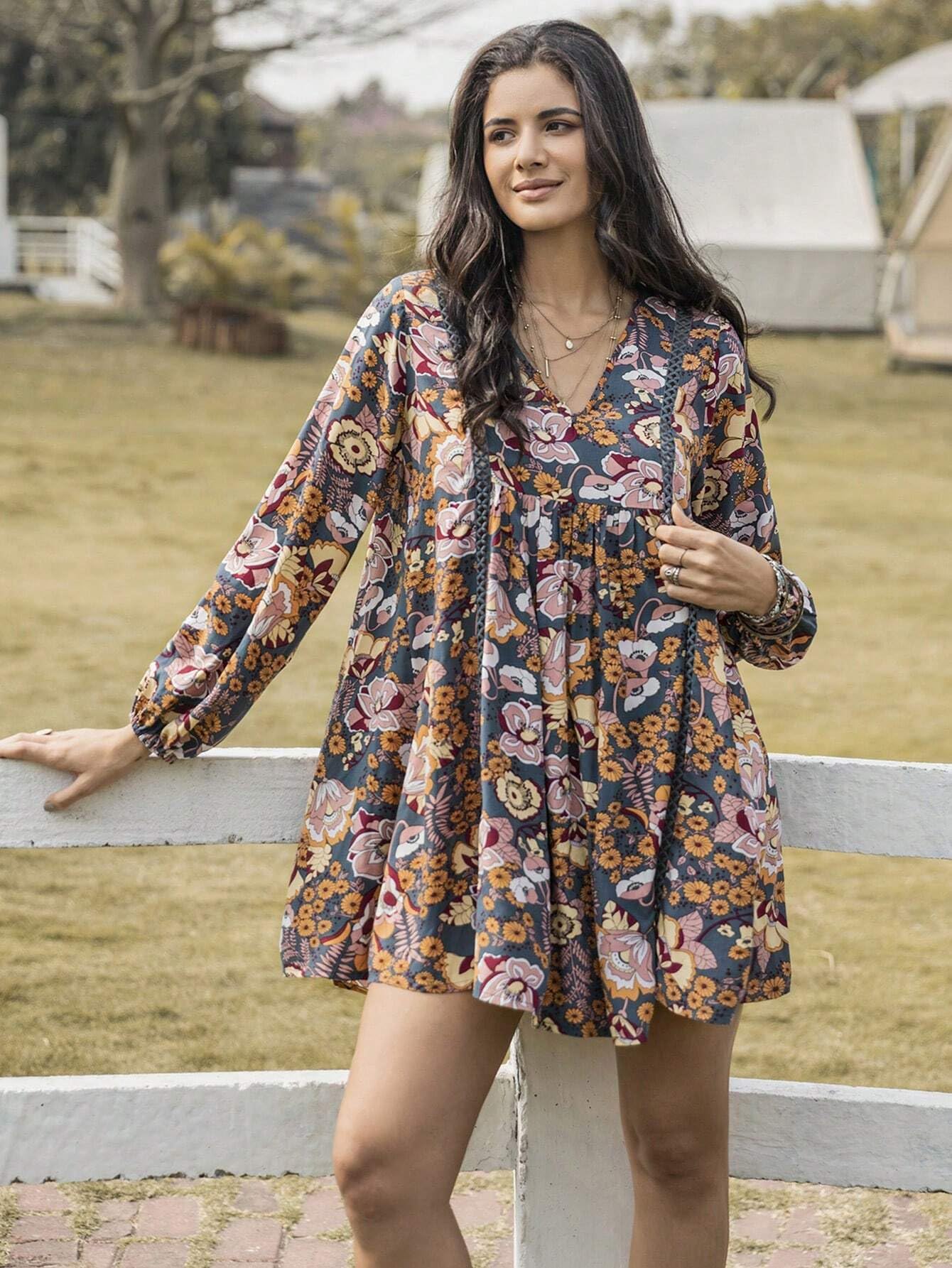Smowkly Floral Print Bishop Sleeve Smock Dress 1244_Gry_L Grey