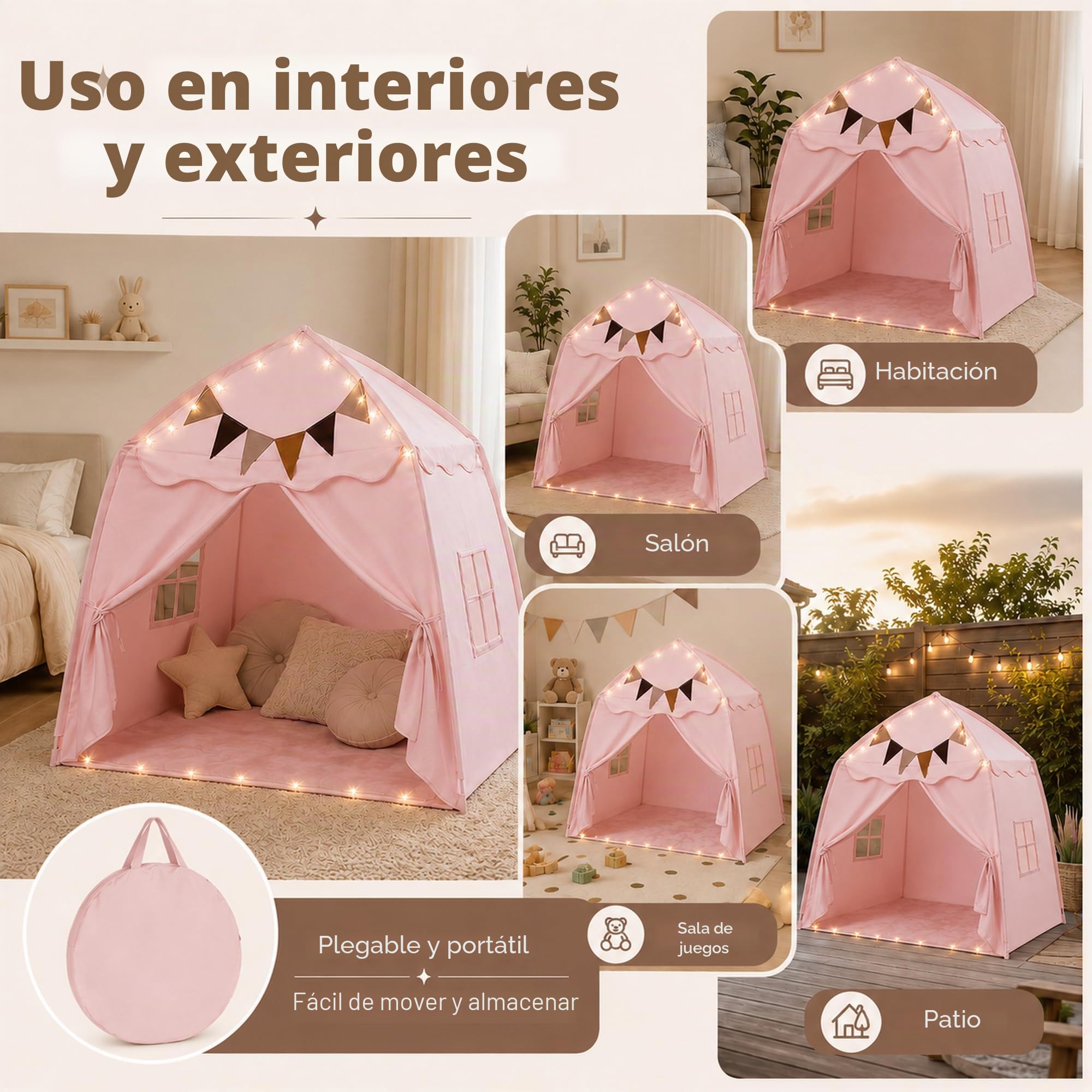 Tienda de campaña de cúpula rosa para interior y exterior, extra grande, plegable, 150 x 100 x 150 cm, tienda de campaña portátil para interior con ventanas, guirnalda de banderines y luz de estrellas