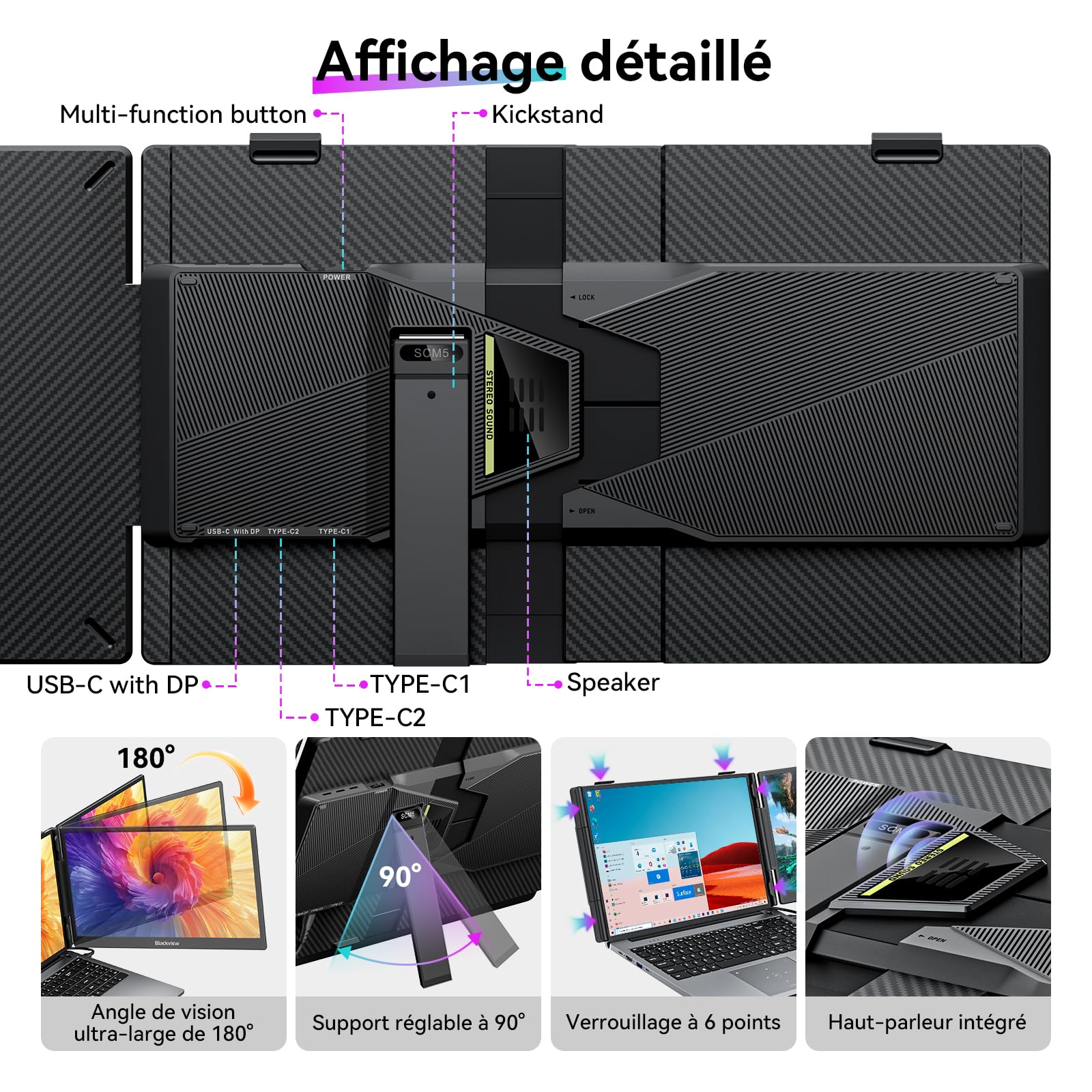 Blackview SCM5 Moniteur Portable 14,1", Ultra Fine FHD 1920P Certifié TÜV Écran Portable pour Ordinateur, 13,3"-17,3", Plug & Play Compatible avec Mac, Windows, Chrome, Android