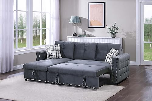 Poundex Sofá seccional reversible de terciopelo gris con almacenamiento oculto