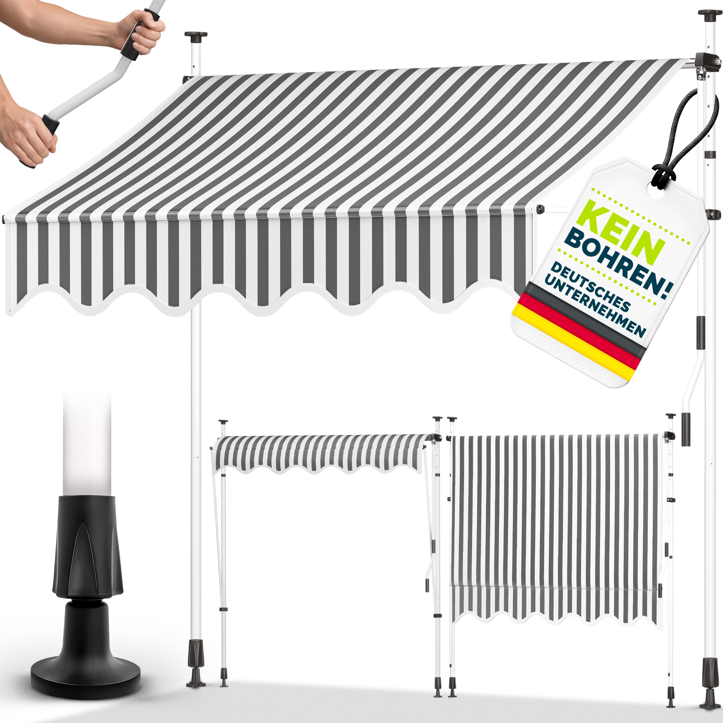 tillvex Klemmmarkise mit Handkurbel Balkon | Balkonmarkise ohne Bohren | Markise UV-beständig & höhenverstellbar | Sonnenschutz Terrasse & Garten wasserdicht (Grau-Weiß, 200cm)