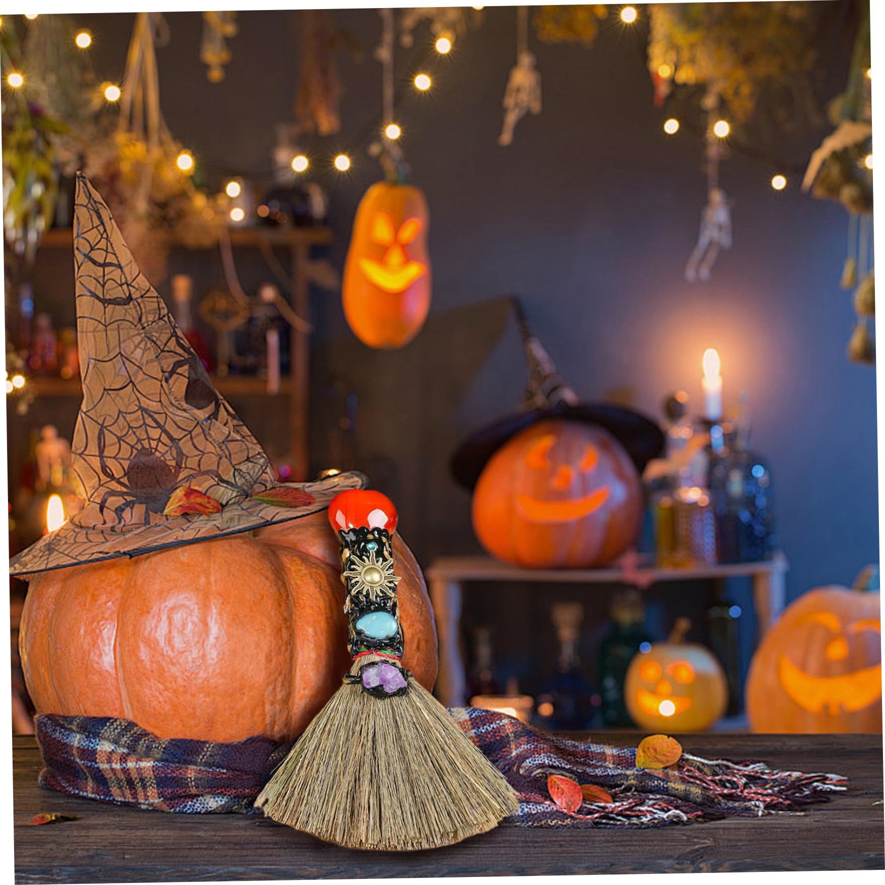 KUYYFDS Halloween Witch Broom Crystal Witch Wiccan Altar Broom Witch Broomstick with Heart-Shape Red Agate Halloween Witch Costume Decor for Healing Cleansing Fengshui
