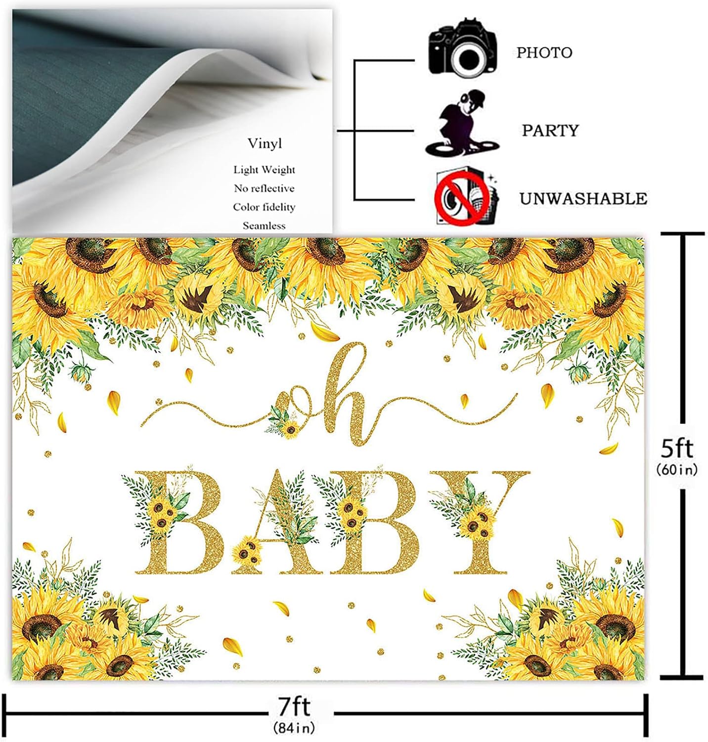 Avezano Sunflower Oh Baby Backdrop Summer Yellow Floral Oh Baby Photography Background Sunflower Baby Shower Backdrop for Girl Party Decorations (7x5ft)