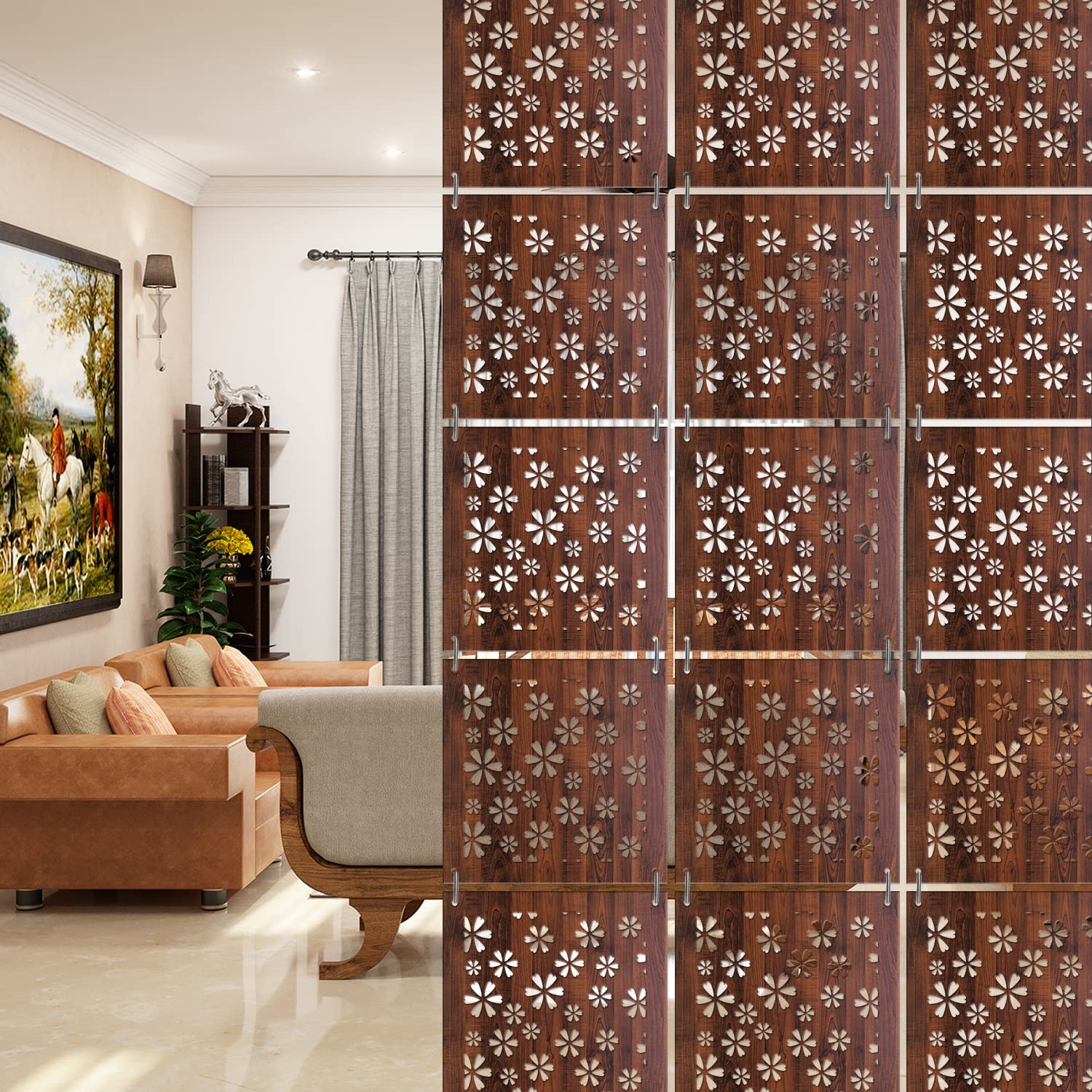 RANDOM Wooden Hanging Room Divider 12Pcs Set, Hanging Partition Wall Divider for Living Room (11.5" x 11.5" x 12 Panels) - Design 04