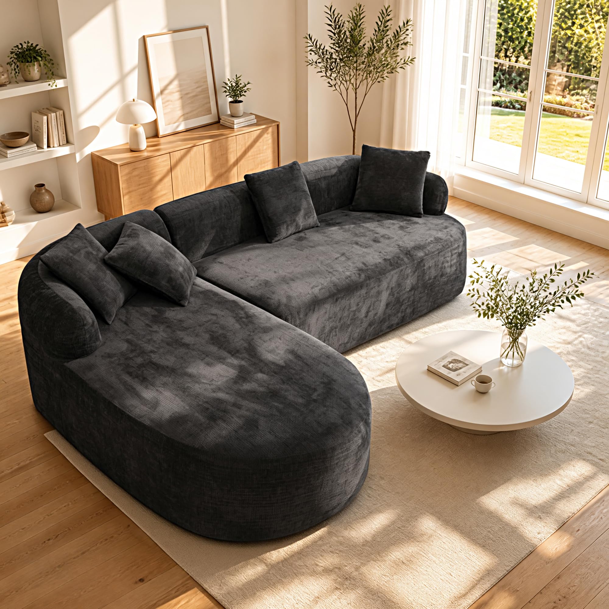 99" Curved Sectional Sofa with Chaise, Modern Boneless Couch with Deep Seat, L Shaped 3-Seater Cloud Couch for Living Room, No Assembly Needed, Chenille (Black, Left Chaise+Right Sofa)