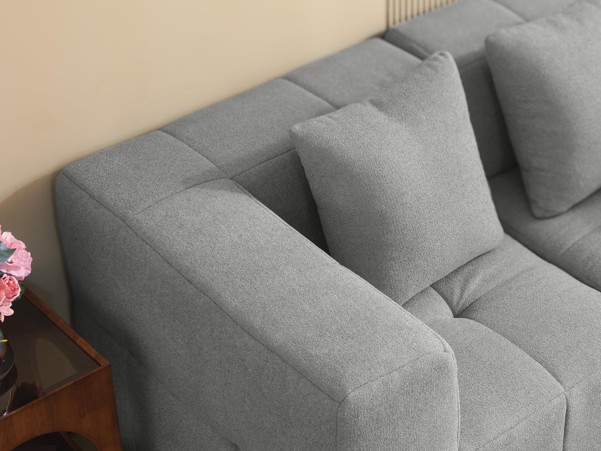 Sofá Modular 3 plazas con Chaise Longue, Tejido bouclé, Fundas de cojín desenfundables (Gris Nube, 3 plazas con Chaise Longue)
