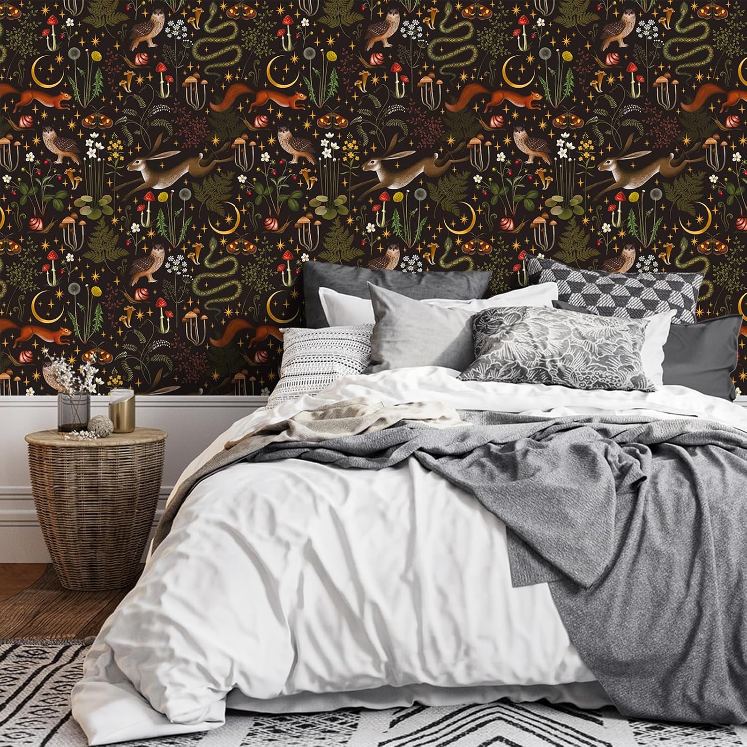 VEELIKE 17.7''x354'' Night Fairytale Forest Wallpaper Peel and Stick Moon Stars Botanical Wallpaper Removable Woodland Floral Wallpaper for Bedroom Nursery Adhesive Contact Paper for Walls Furniture