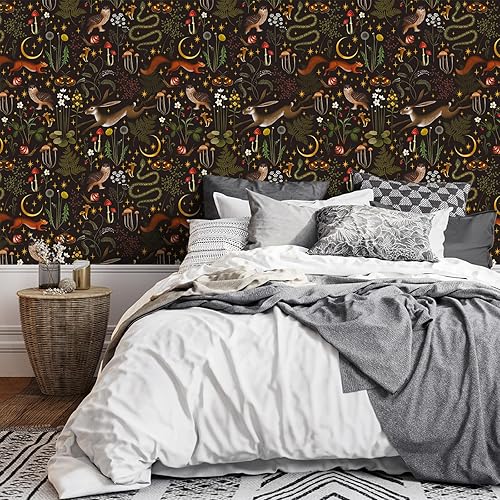 Miniatura 5 de VEELIKE Papel tapiz botánico de cuento de hadas para despegar y pegar, estrellas de luna oscura, papel tapiz floral para dormitorio, cuarto de bebé,