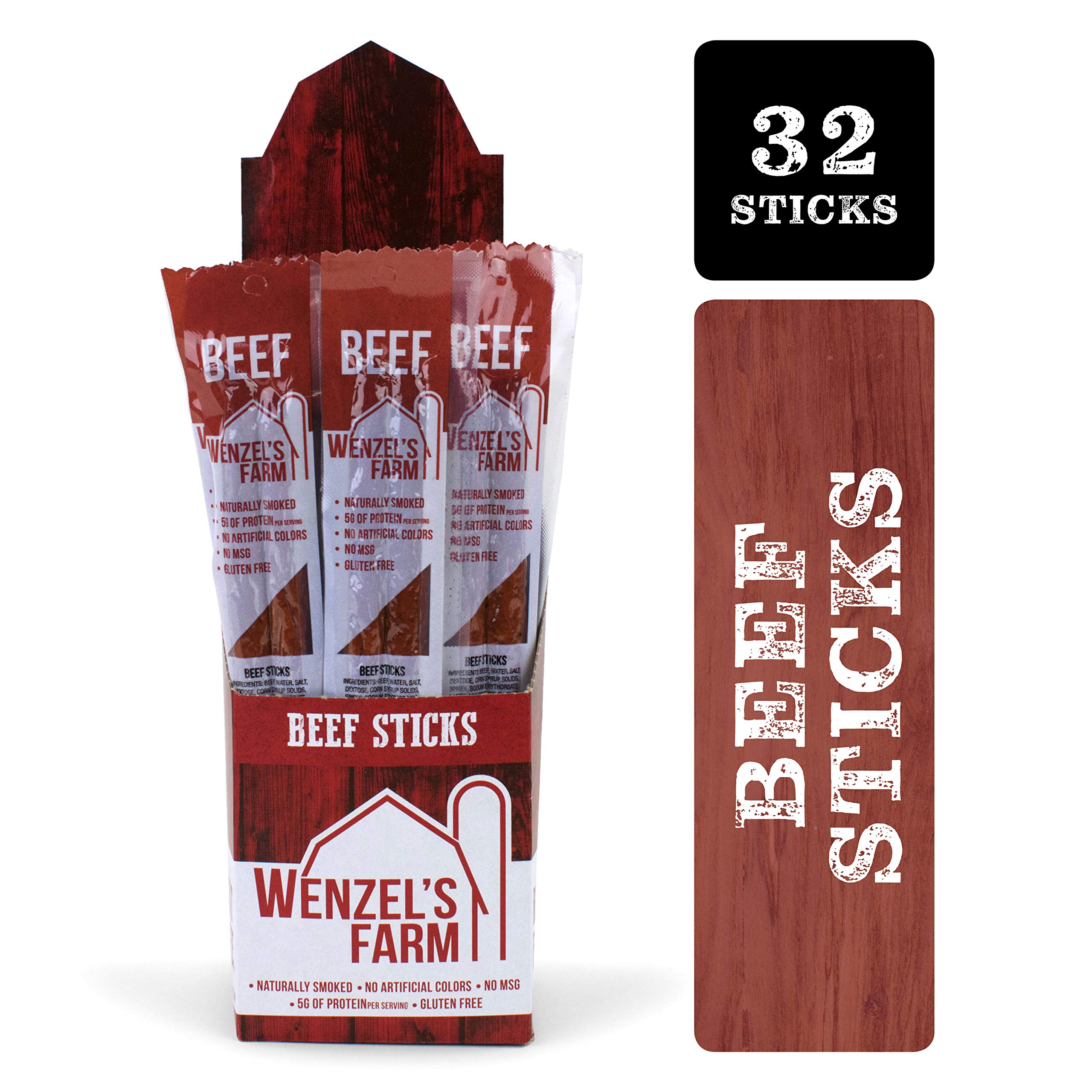 Wenzel’s Farm Beef Sticks │Supports Active Lifestyles │ Flavorful, Naturally Smoked │ High Protein, Low Carb │ No MSG, Fillers, Binders, Artificial Colors │ Gluten Free | 32 sticks (16 packs of 2)