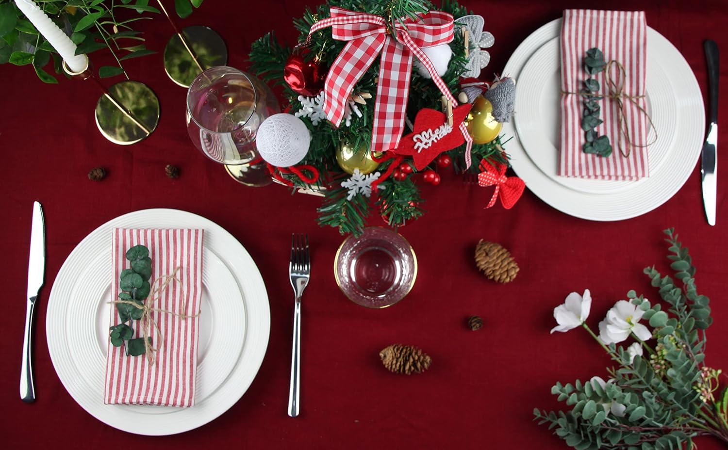 Plain Striped Cotton Linen Blended Dinner Cloth Napkins - Set of 12 (40 x 30 cm) - for Events & Home Use (Red) - Image 5