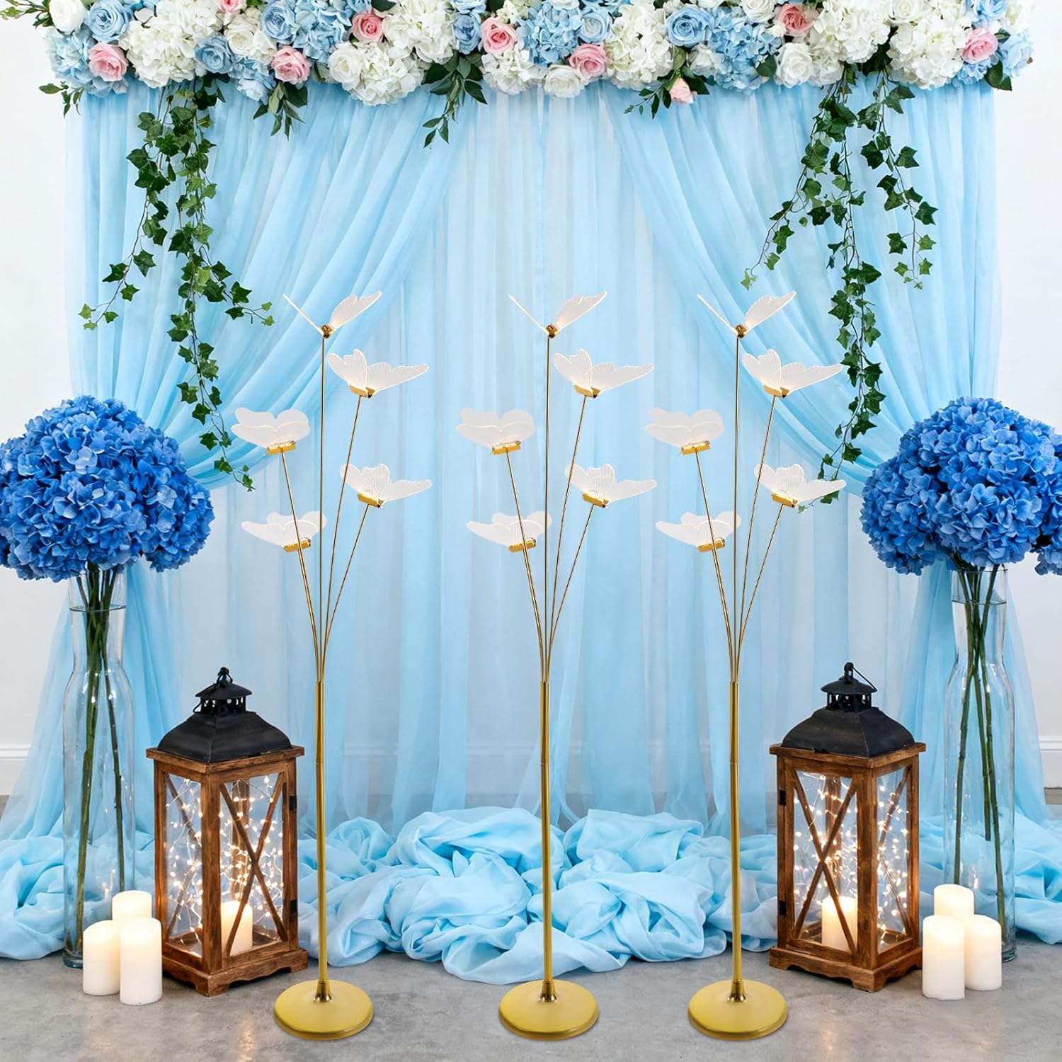 3pcs 5-Head LED Butterfly Floor Lamp - 1.5m Pathway Butterfly Creative Standing Light for Wedding Party Decor Birthday Reception - Iron and ABS Material - Silver and Gold Color Options