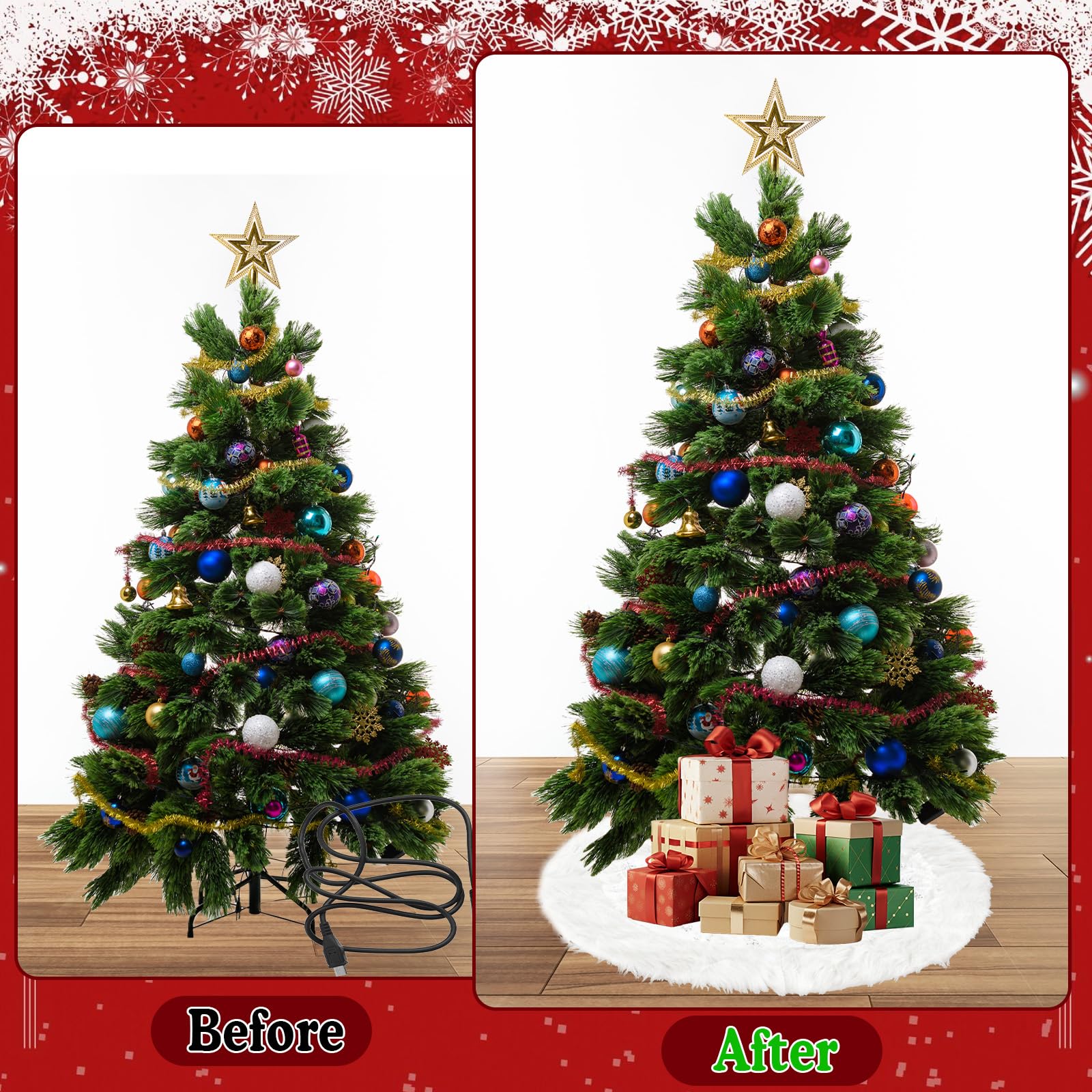 Falda de Arbol de Navidad 93cm, Alfombra de Arbol de Navidad Blanca, Christmas Tree Skirt, con Patrón de Copos de Nieve