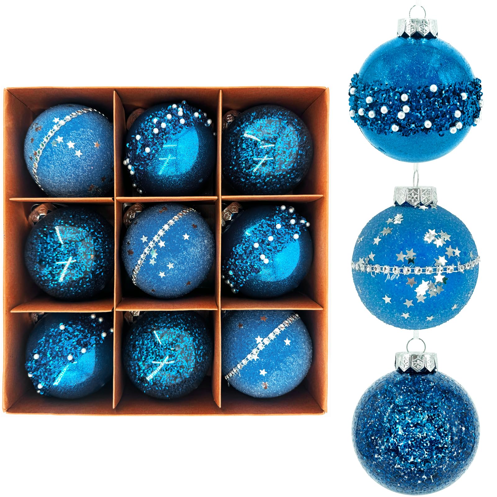 Fassory Blue 9Pcs 80Mm Christmas Baubles, Galaxy Themes Christmas Tree Ornaments, Xmas Tree Decorations Baubles (Blue)