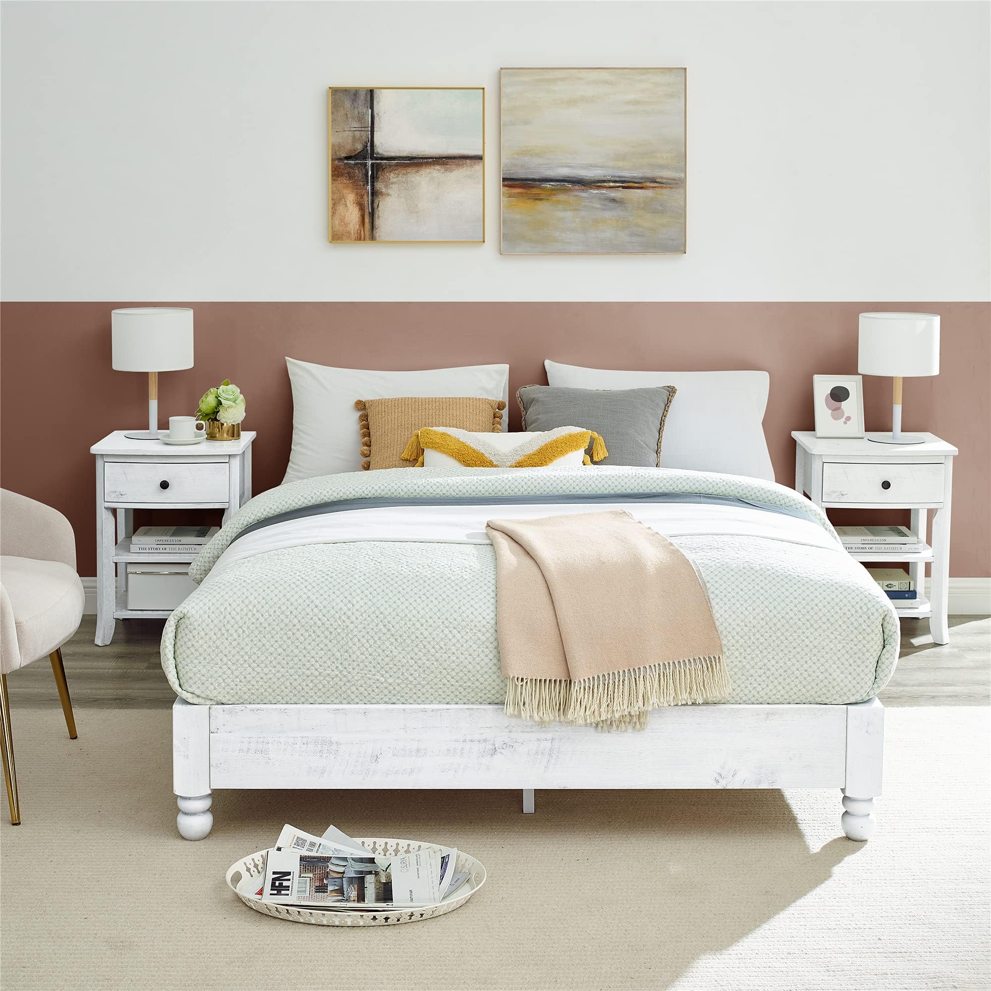 Solid Wood Platform Bed Frame Rustic Style,Mattress Foundation(no boxspring Needed), White Washed Finish,Queen
