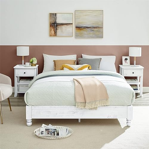 MUSEHOMEINC Base de cama de plataforma de madera maciza, estilo rústico, base de colchón (no necesita somier), acabado blanco lavado, tamaño Queen