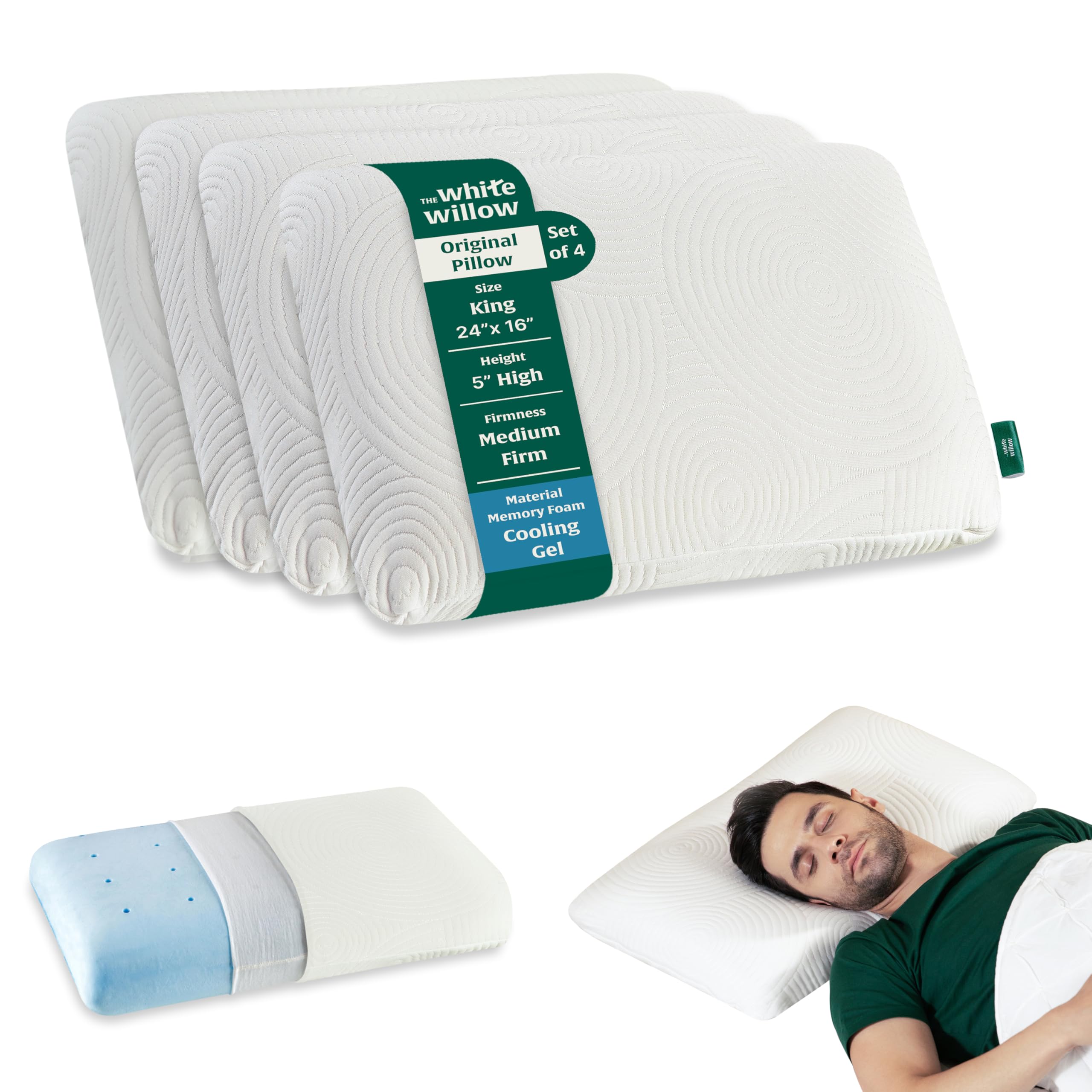 The White Willow Cooling Gel Memory Foam Pillow Set Of 4 Bed Orthopedic Pillows For Sleeping ,Neck Pain Relief For Side, Stomach and Back Sleeper With Removable Pillow Cover (24"L x 15"W x 5"H) White