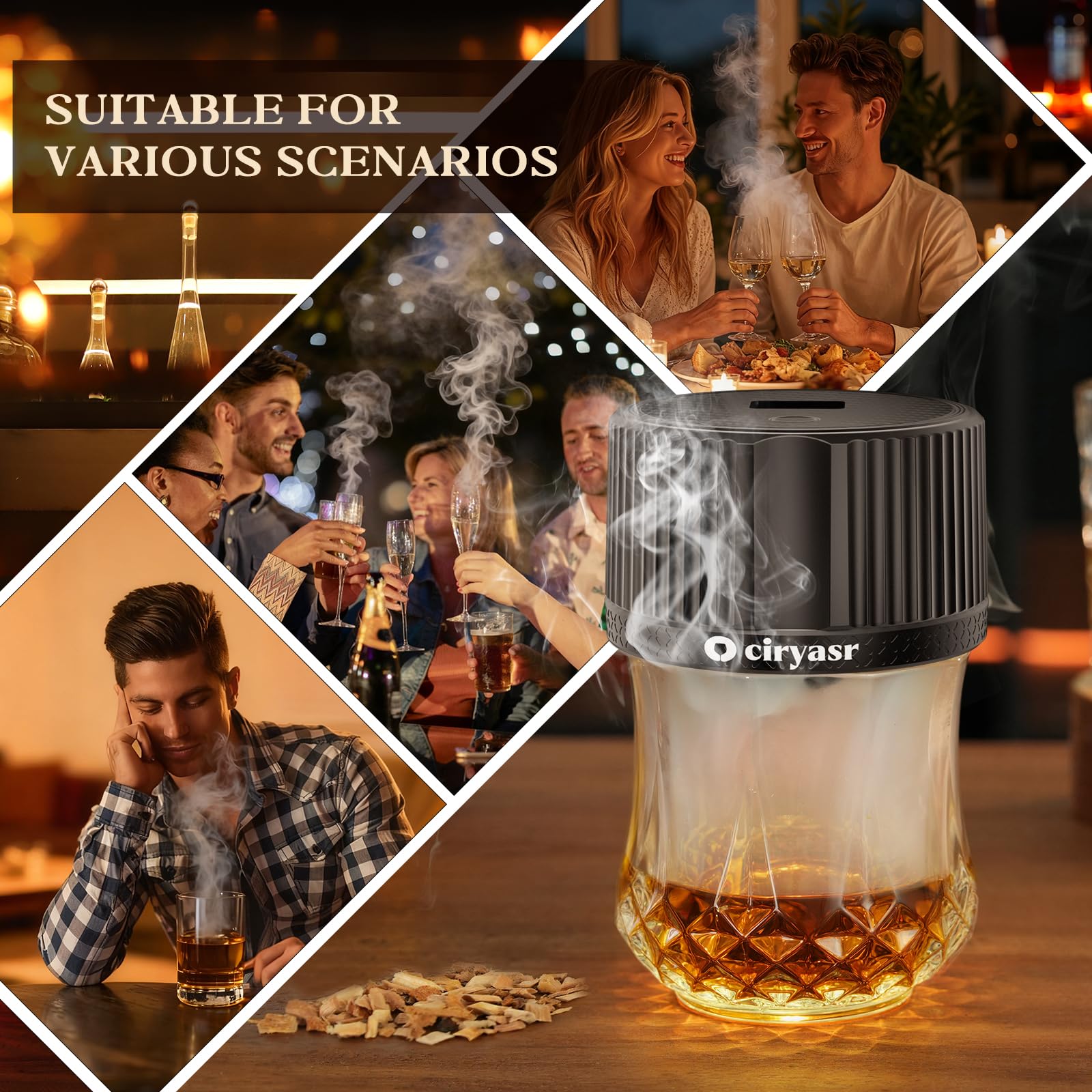 Kit de ahumador de Whisky, Kit de Ahumador de Cóctel con 6 sabores Chips de Madera, 6 Modos de luz, Recargable, Kit de ahumador de Bebidas Antiguas,Regalo para Padres, Esposos y Amantes Los Cócteles