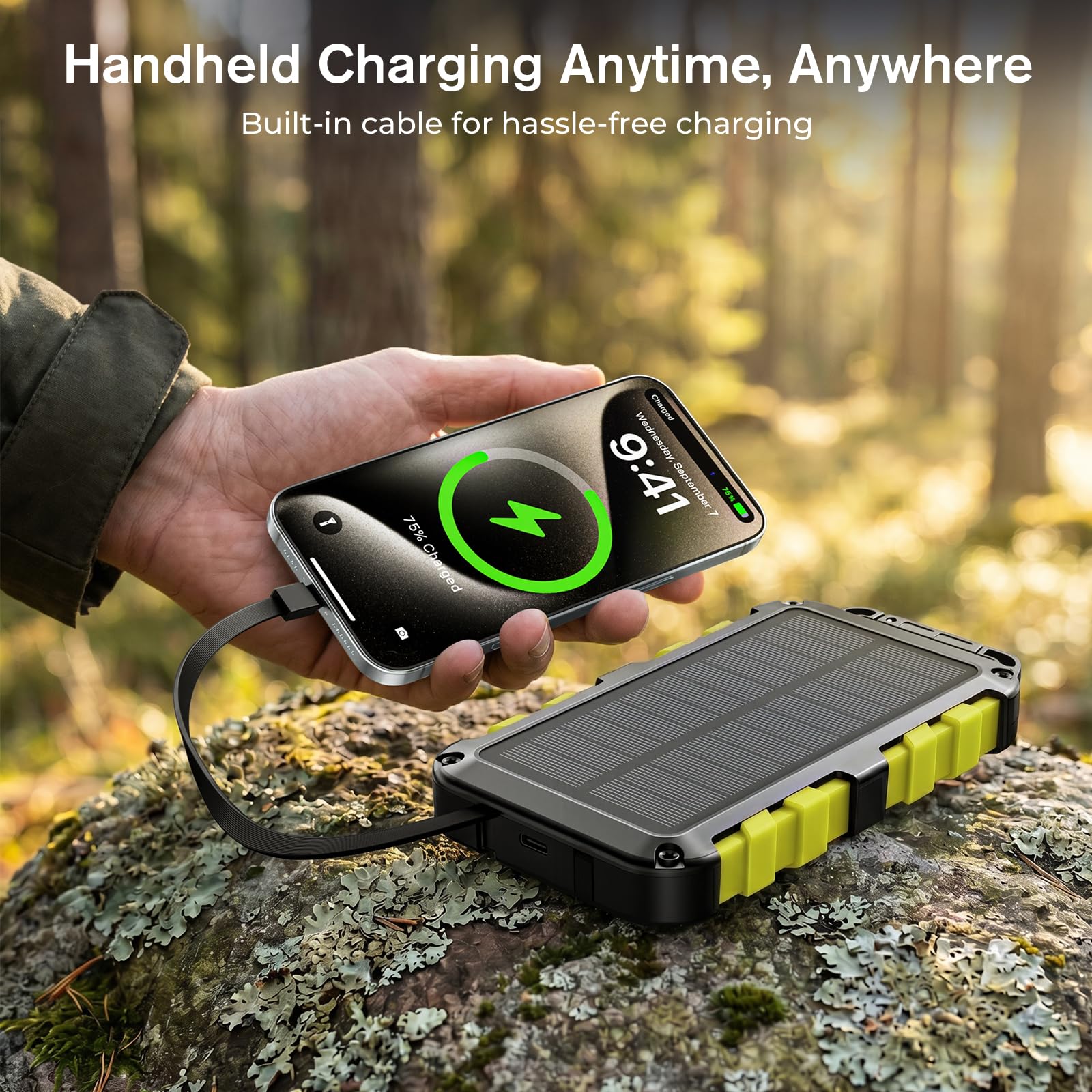 Powerbank solare da 10000 mAh, caricatore solare portatile, USB C, per esterni, impermeabile, batteria esterna con luce LED e 3 uscite per tablet, smartphone, esterni, campeggio, verde