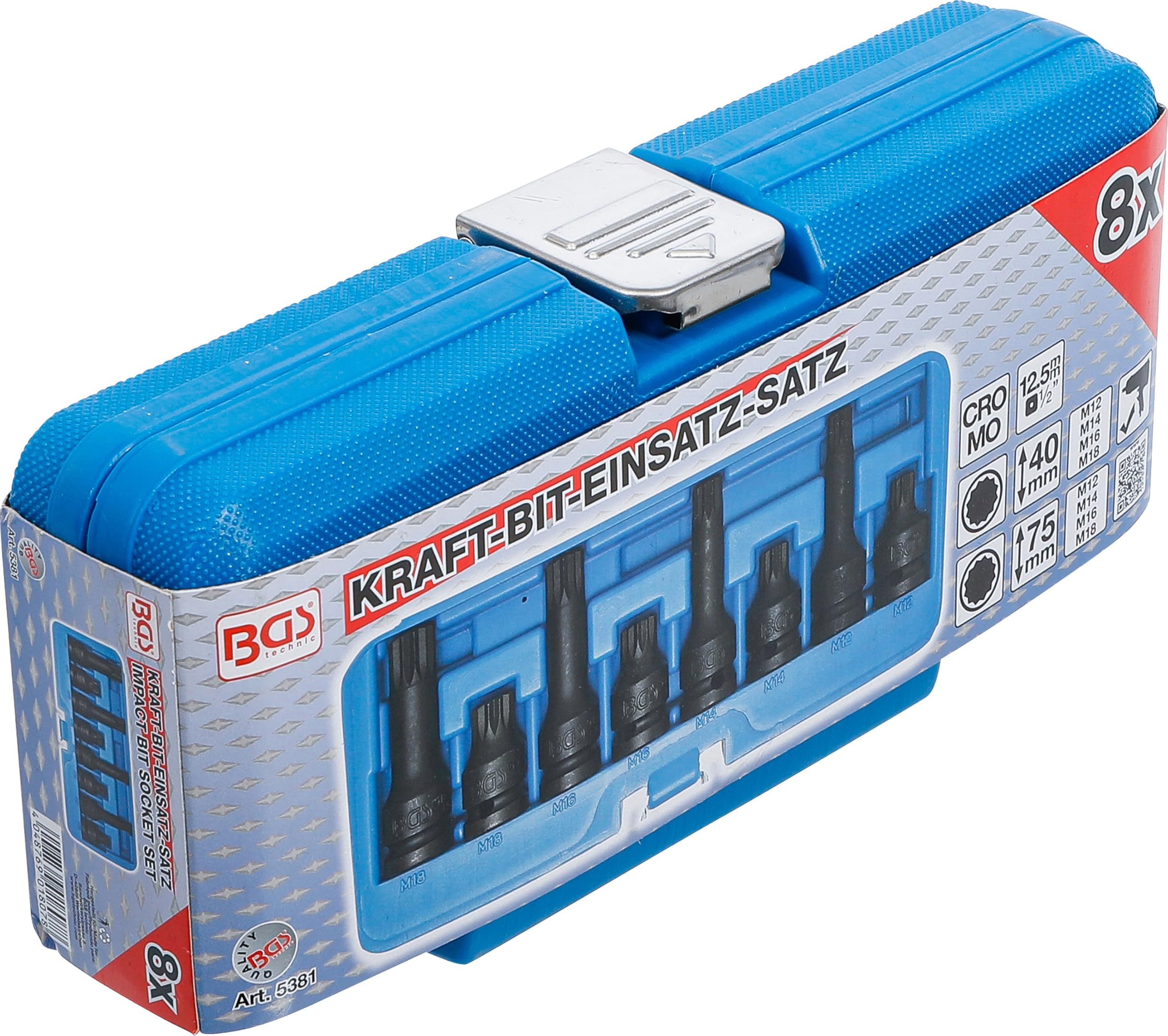 BGS 5381 | Juego de puntas de vaso de impacto | entrada 12,5 mm (1/2") | dentado múltiple interior (para XZN) M12 - M18| 8 piezas