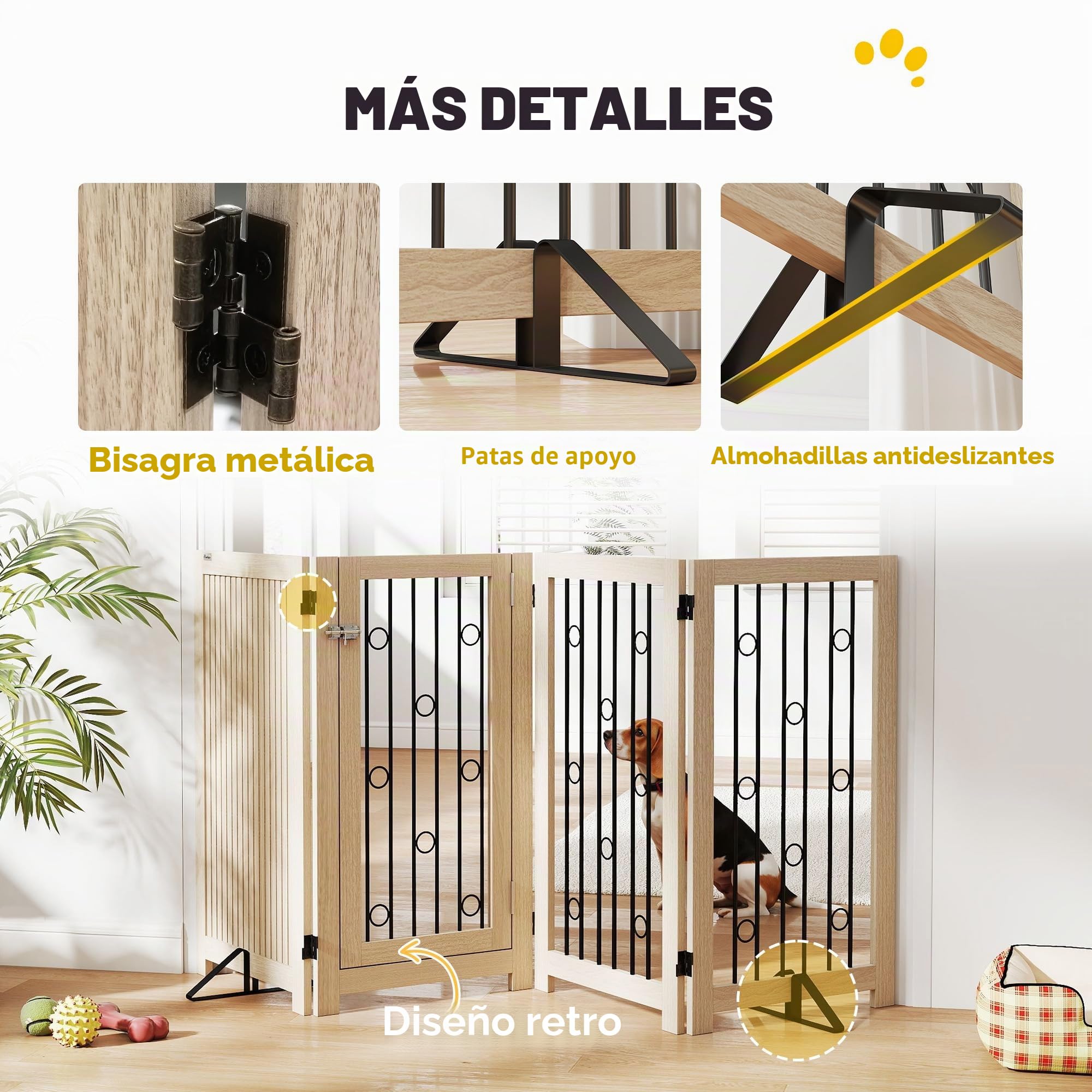 PawHut - Rejilla de protección para perros independiente, HxAn: 91,5 x 205 cm Rejilla plegable para perros con 2 patas de apoyo, puerta con cerradura, rejilla para mascotas para cocina, chimenea