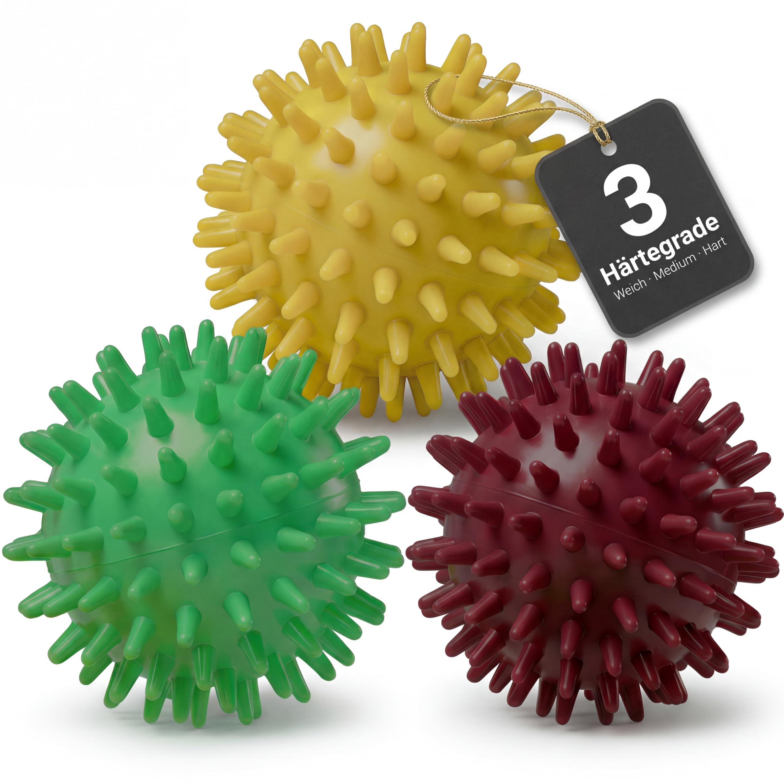 HELDSON Igelball Set – 3 Massagebälle mit Noppen, weich bis hart, Fuß, Hand | Noppenbälle zur Handmassage & Reflexzonen Stimulation – auch für Waden, Rücken und Schultern, im Büro oder nach dem Sport