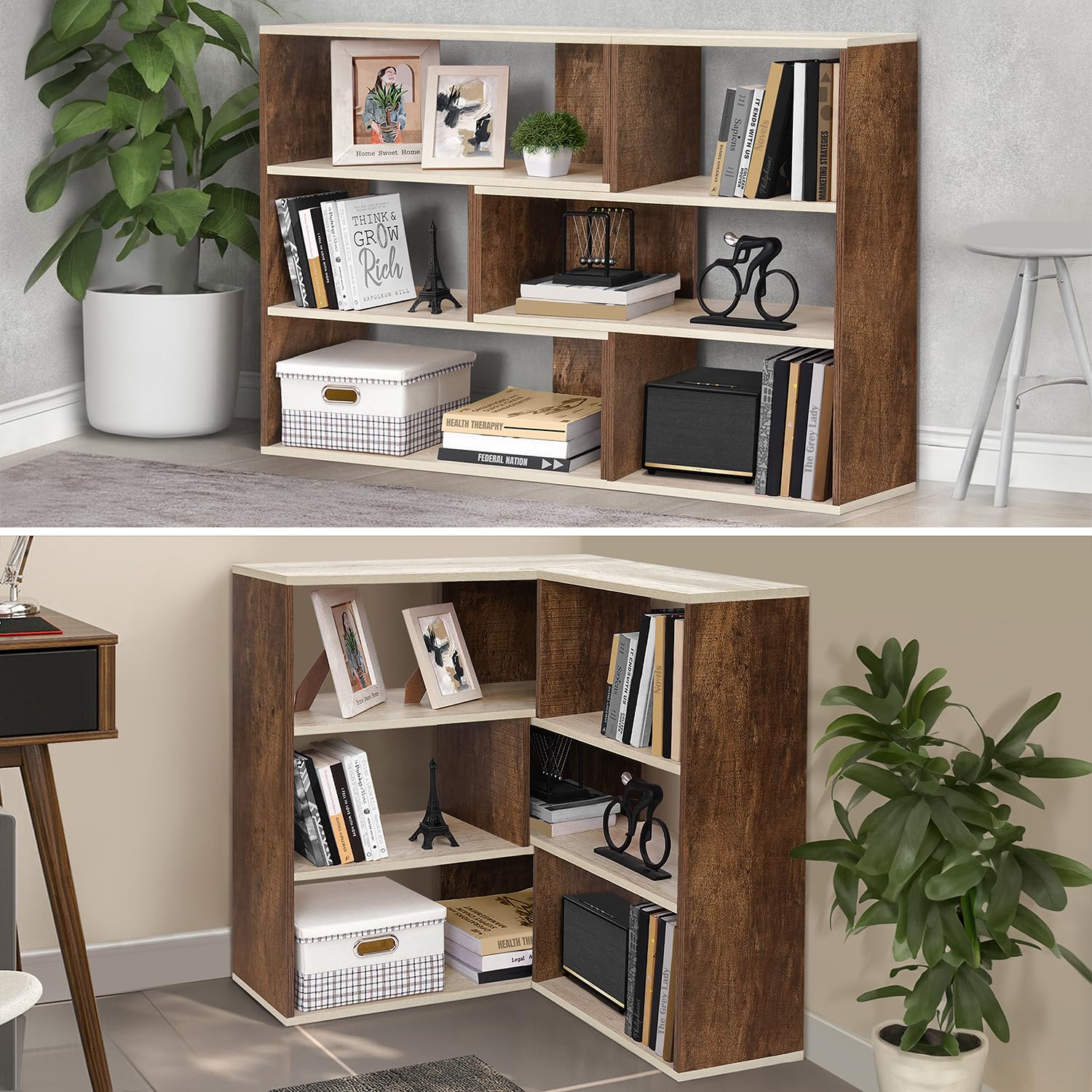 ABOUT SPACE Book Shelf for Home Library-Rectangle/L-Shaped Rack for Storage 6 Compartment Book Stand Shelf for Bedroom, Livingroom Decor, Plants and Books (Oak White&Walnut-L128 x B30 x H85 cm) ABOUT SPACE Book Shelf for Home Library-Rectangle/L-Shaped Rack for Storage 6 Compartment Book Stand Shelf for Bedroom, Livingroom Decor, Plants and Books (Oak White&Walnut-L128 x B30 x H85 cm)